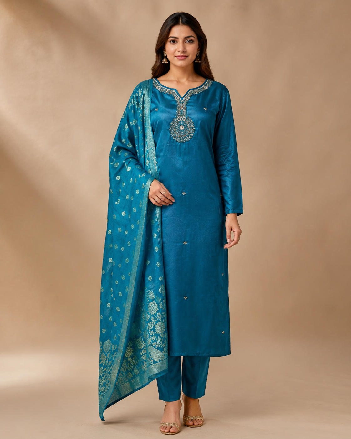 Peacock Teal Embroidered Kurti Set with Zari Dupatta