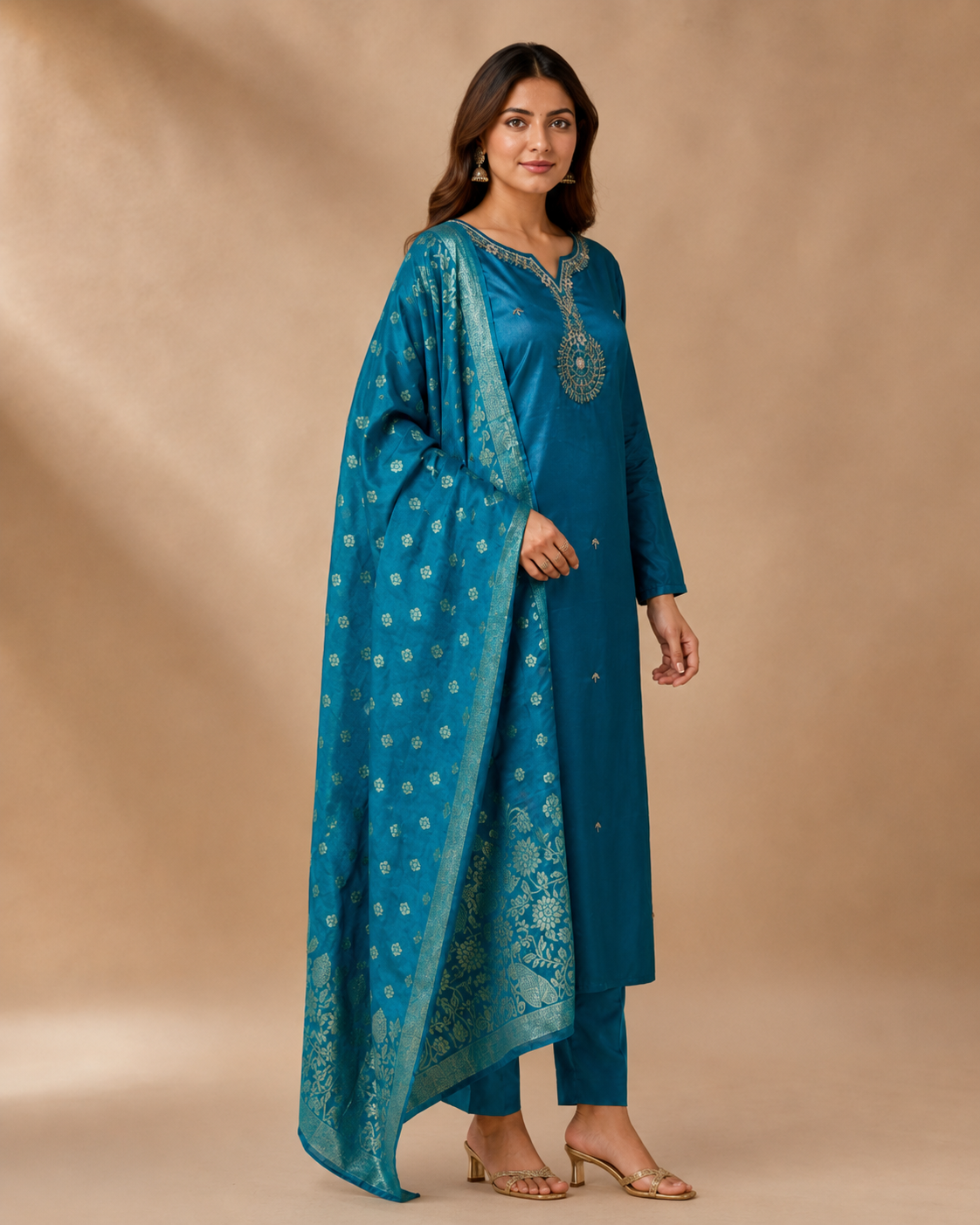 Peacock Teal Embroidered Kurti Set with Zari Dupatta