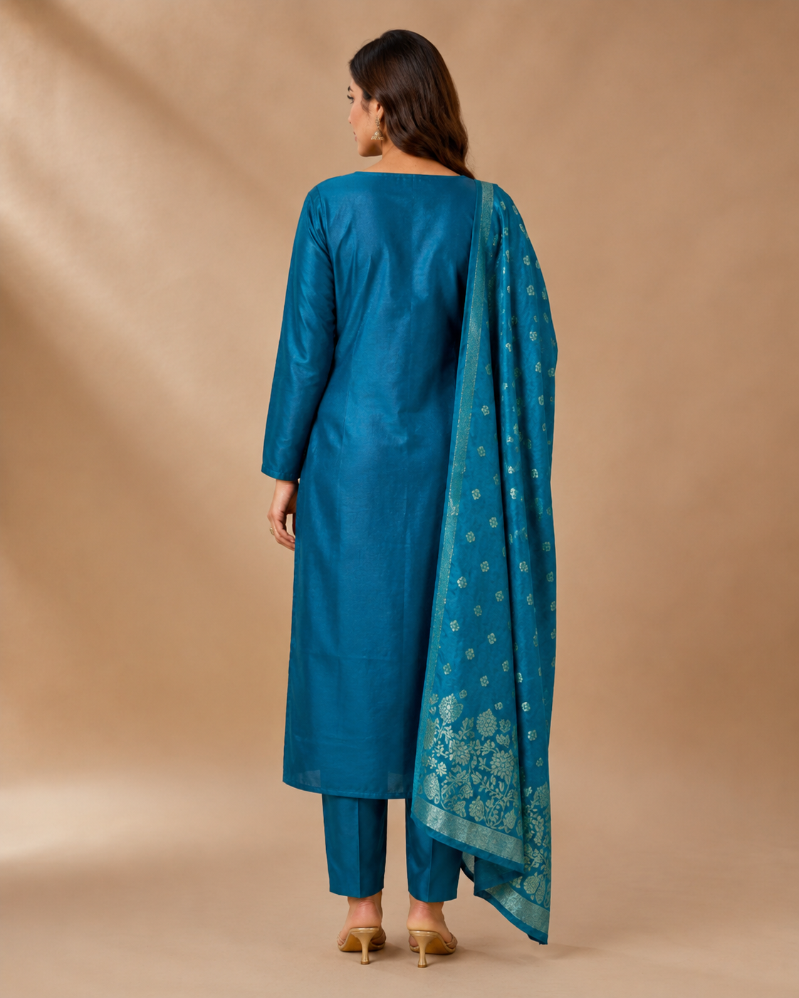Peacock Teal Embroidered Kurti Set with Zari Dupatta