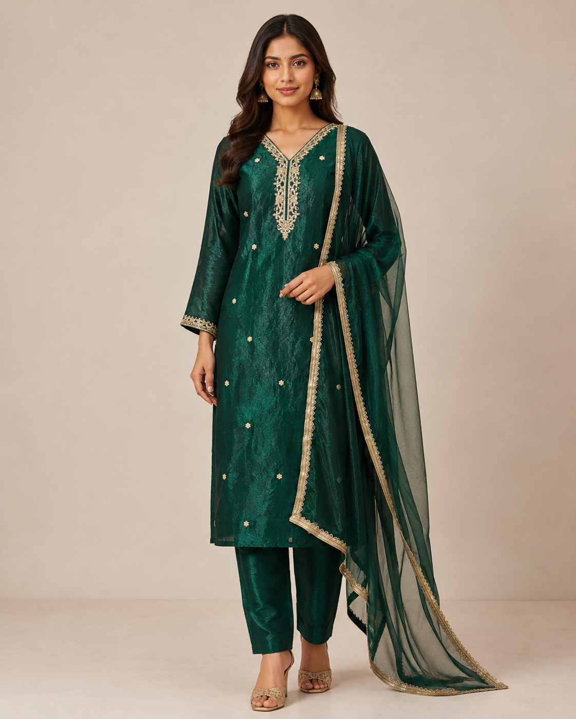 Emerald Green Embroidered Kurti Set with Sheer Dupatta