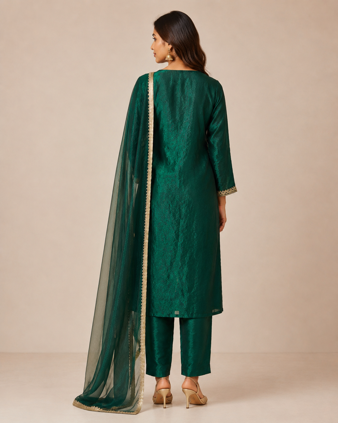 Emerald Green Embroidered Kurti Set with Sheer Dupatta