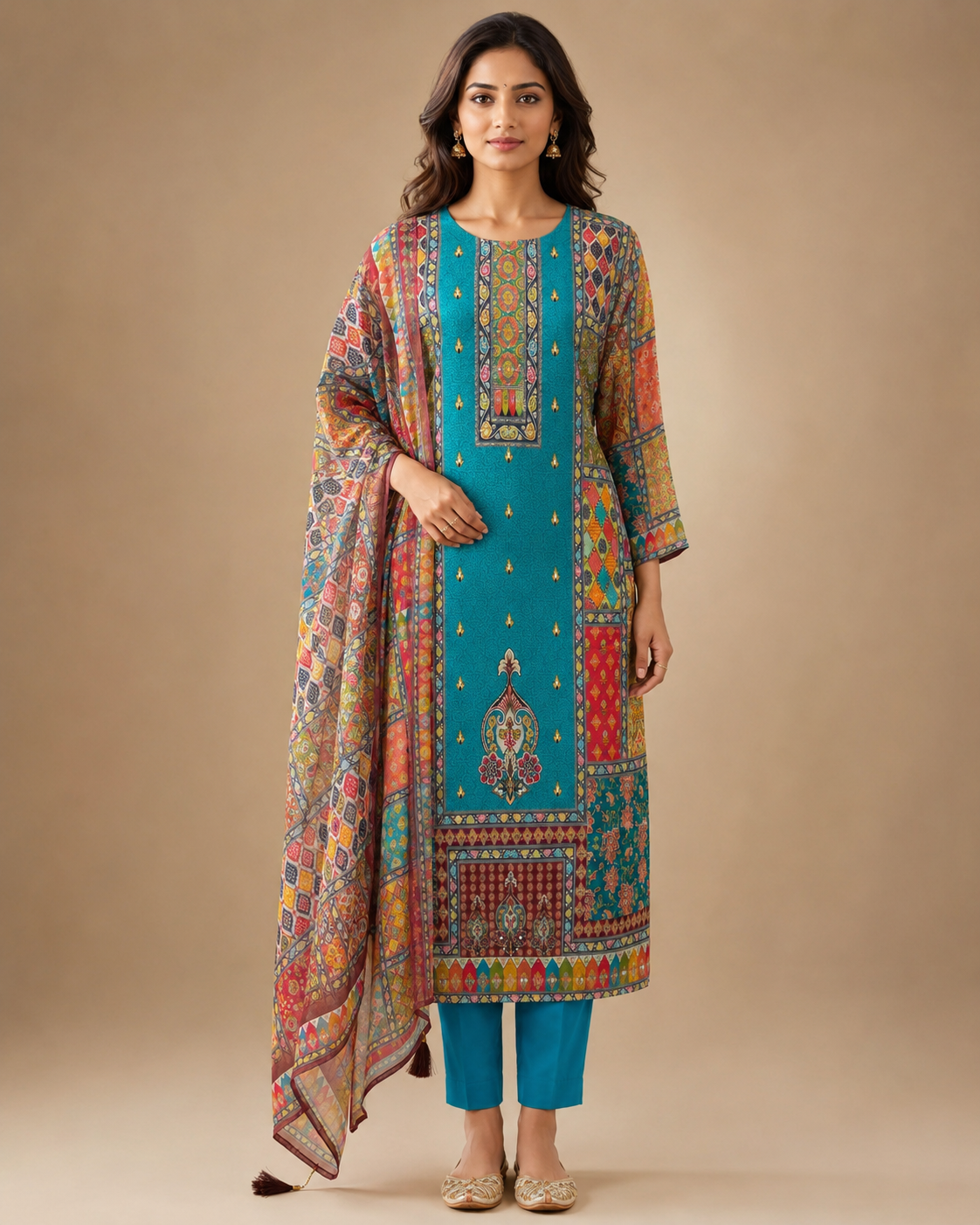 Teal Multicolor Printed Kurti Set with Dupatta