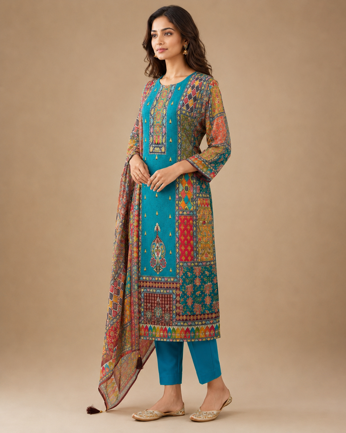 Teal Multicolor Printed Kurti Set with Dupatta