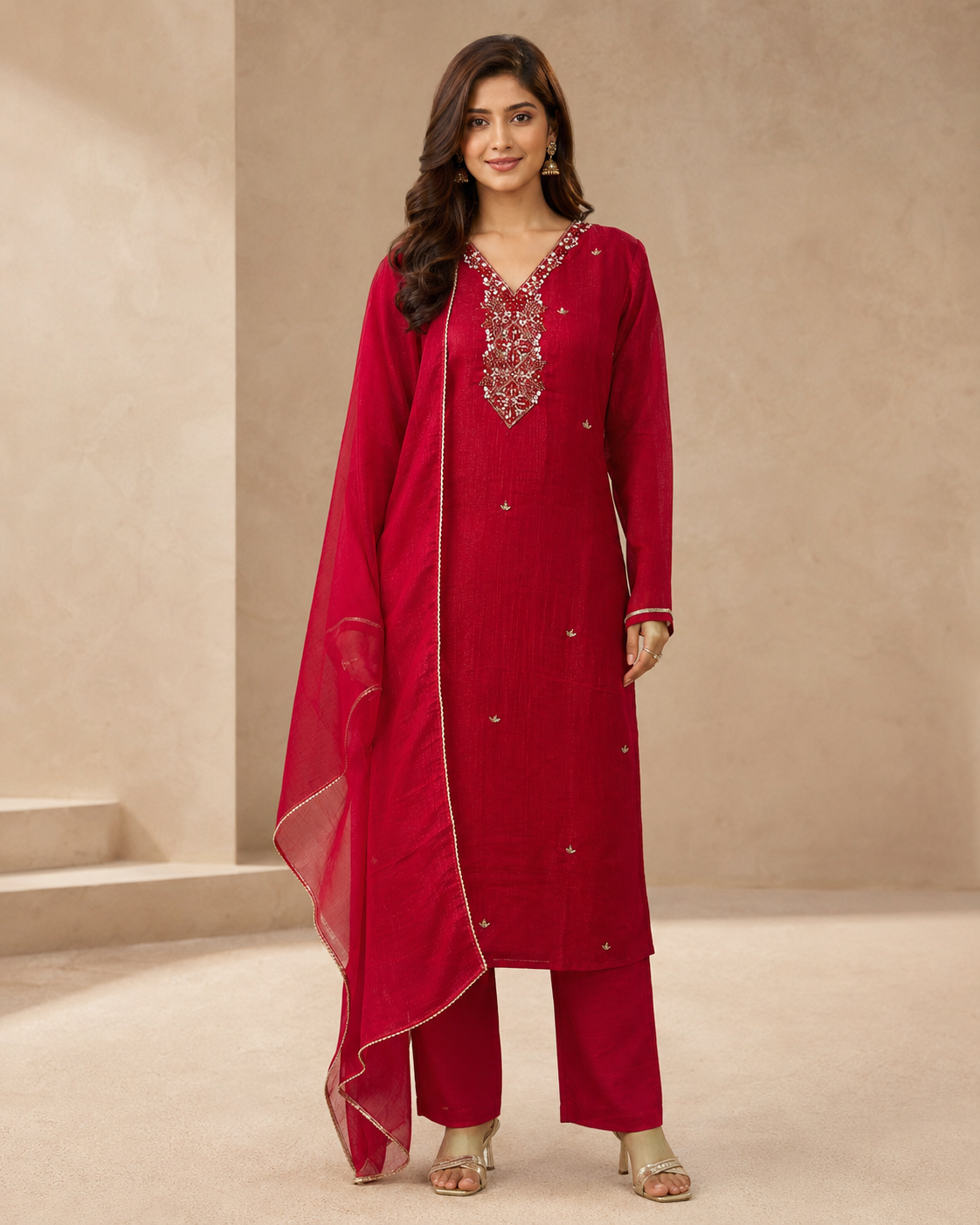 Ruby Red Embroidered Kurti Pant Set with Sheer Dupatta