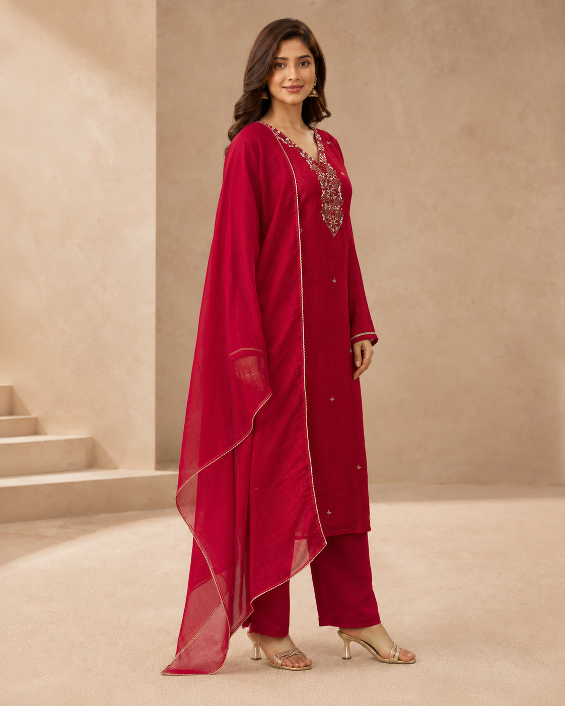 Ruby Red Embroidered Kurti Pant Set with Sheer Dupatta