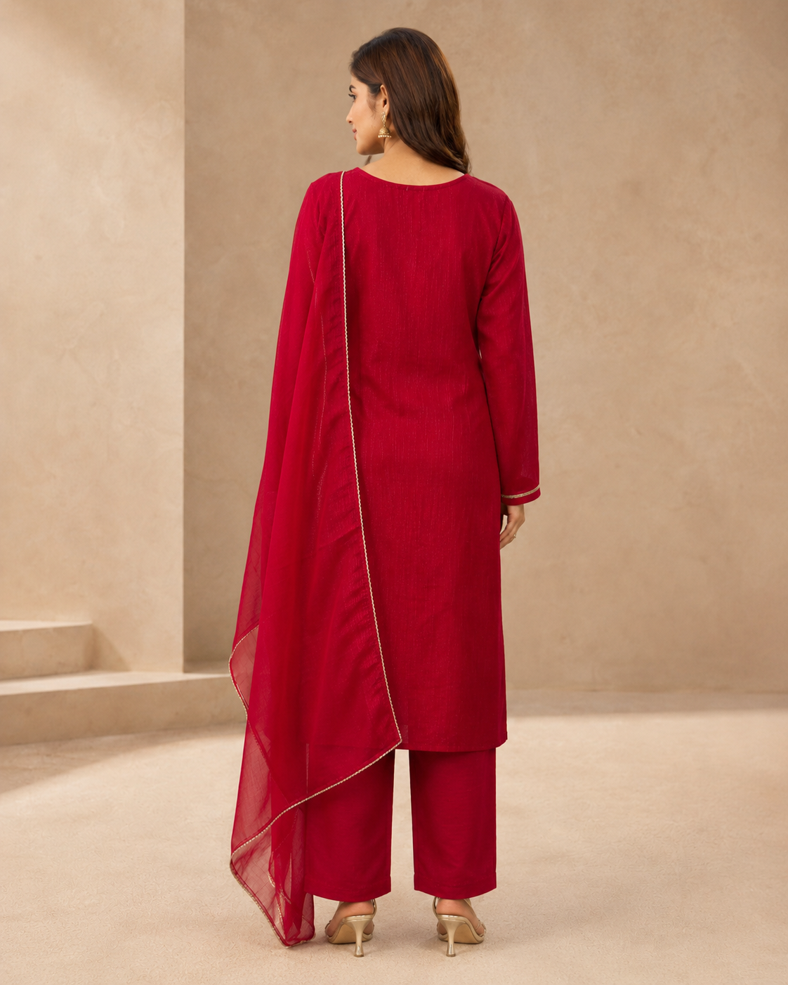 Ruby Red Embroidered Kurti Pant Set with Sheer Dupatta