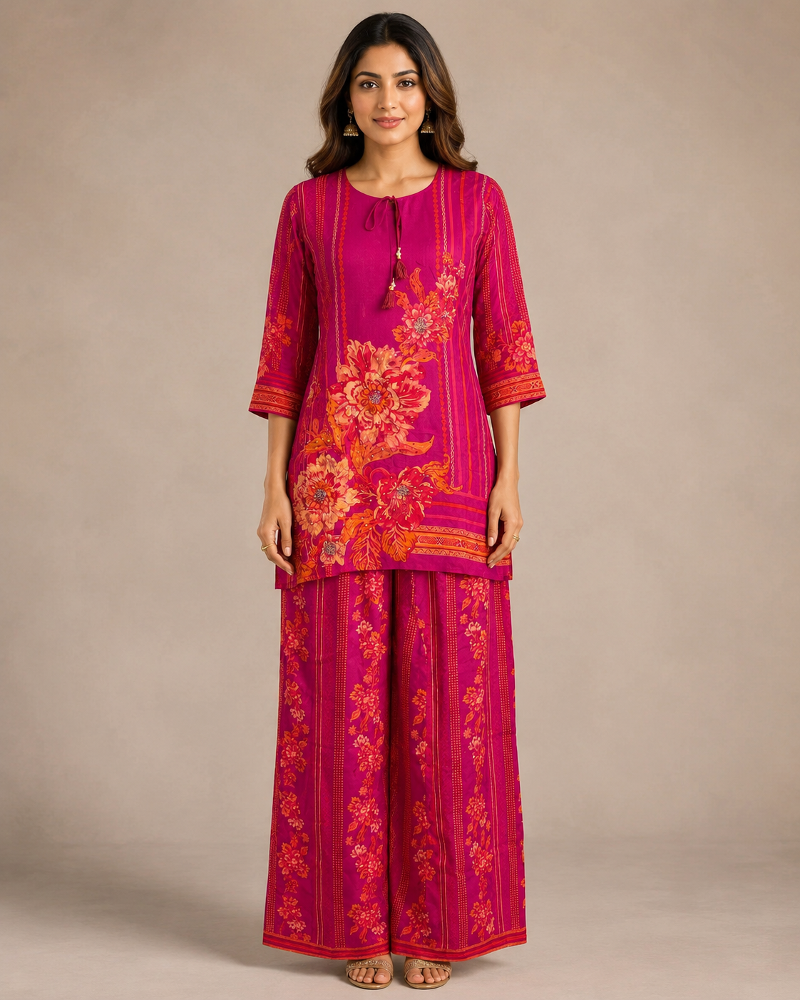 Fuchsia Pink Floral Printed Kurti with Matching Palazzo Set