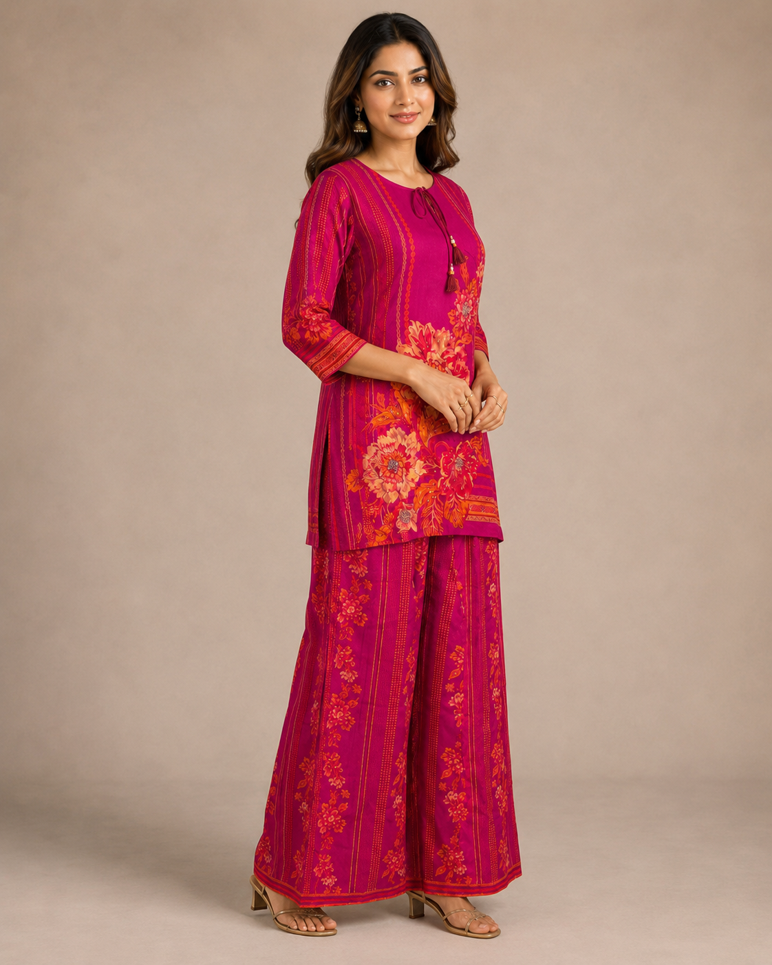 Fuchsia Pink Floral Printed Kurti with Matching Palazzo Set