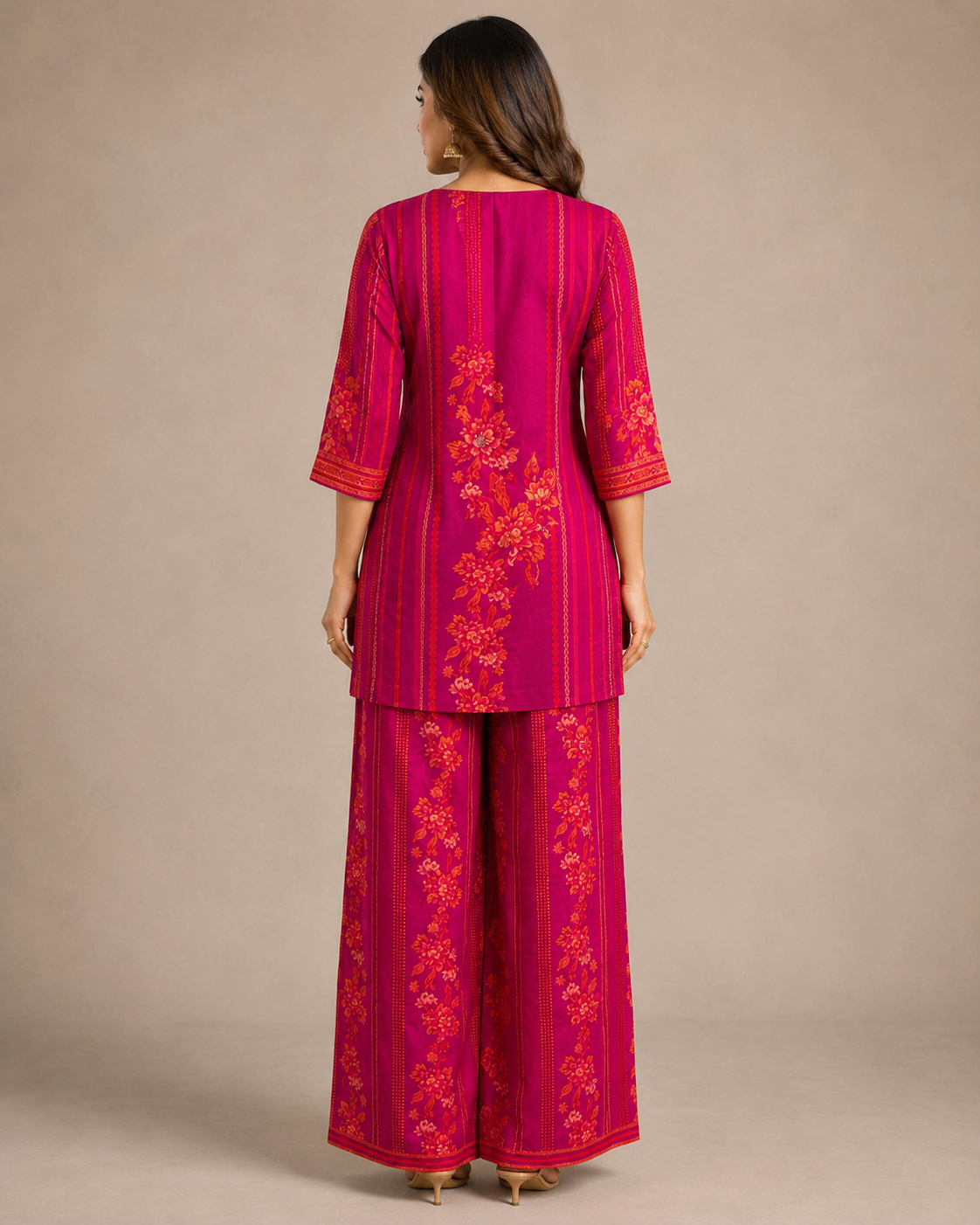 Fuchsia Pink Floral Printed Kurti with Matching Palazzo Set