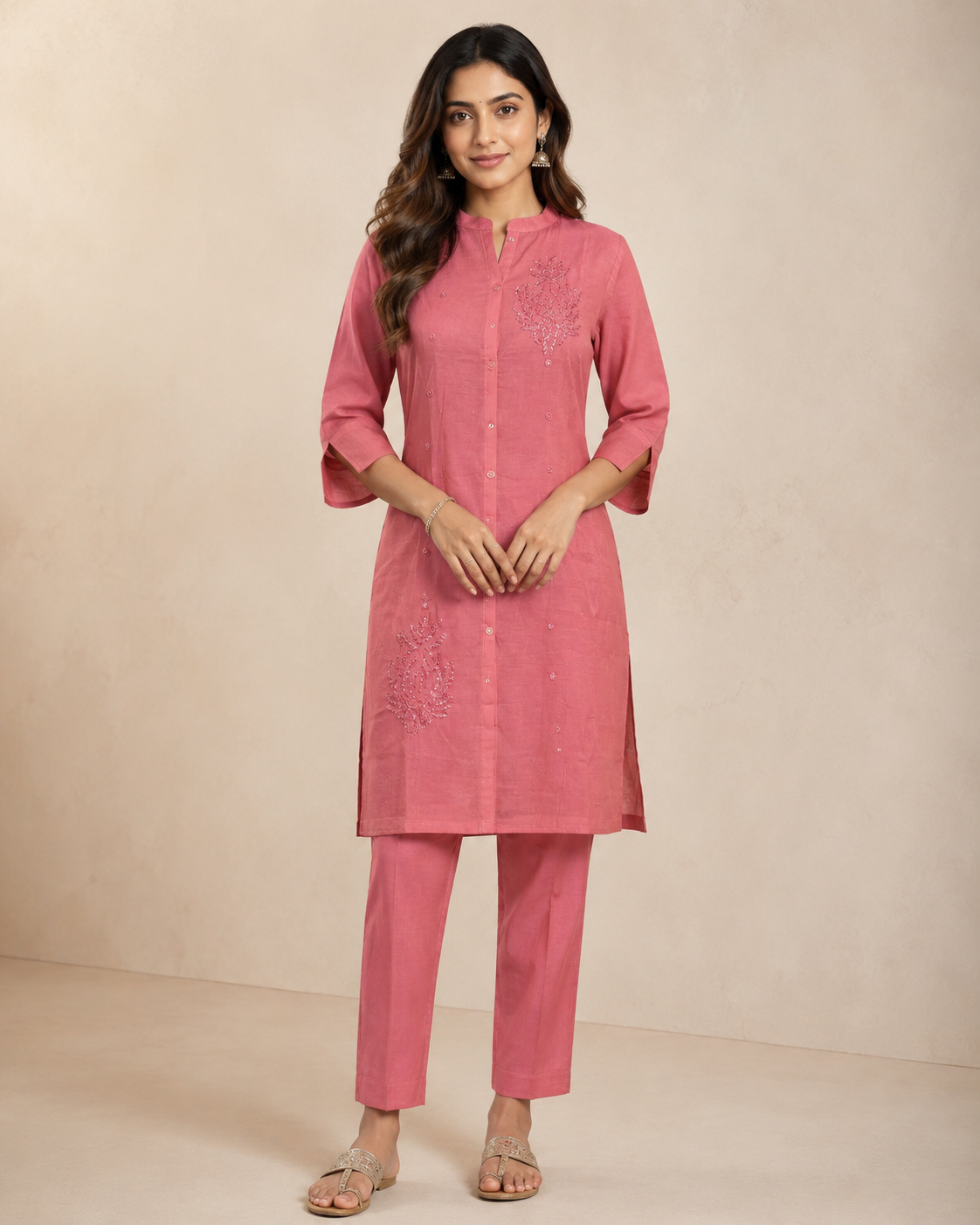 Rose Pink Embroidered Kurti Pant Set