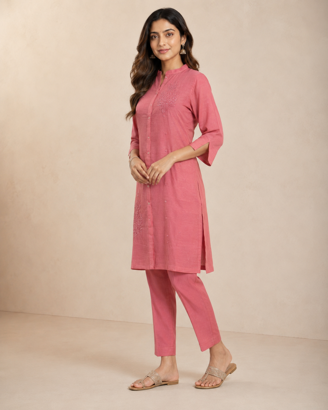 Rose Pink Embroidered Kurti Pant Set