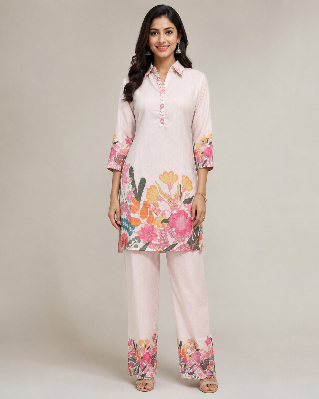 Pastel Pink Floral Print Cotton Kurti Pant Set