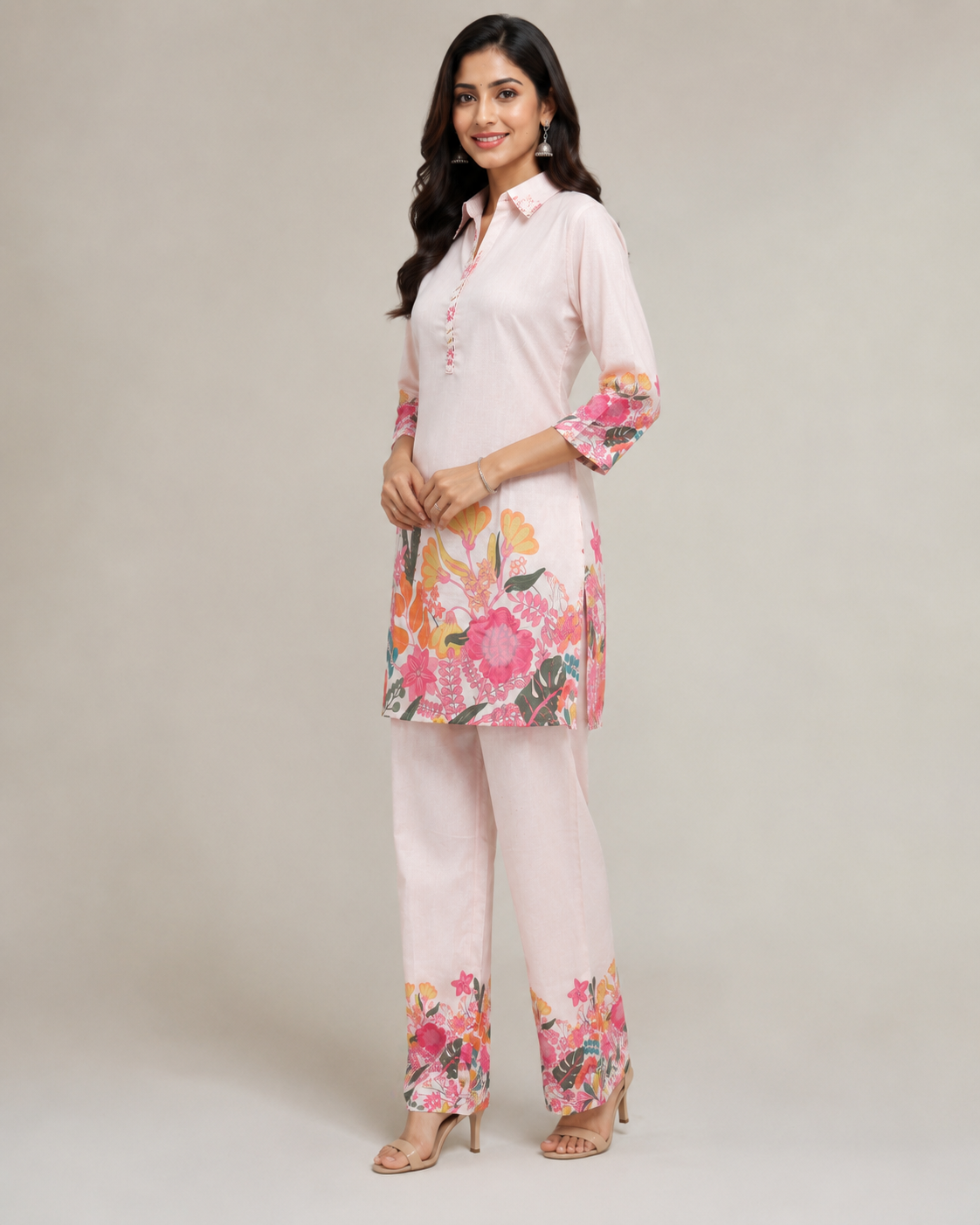 Pastel Pink Floral Print Cotton Kurti Pant Set
