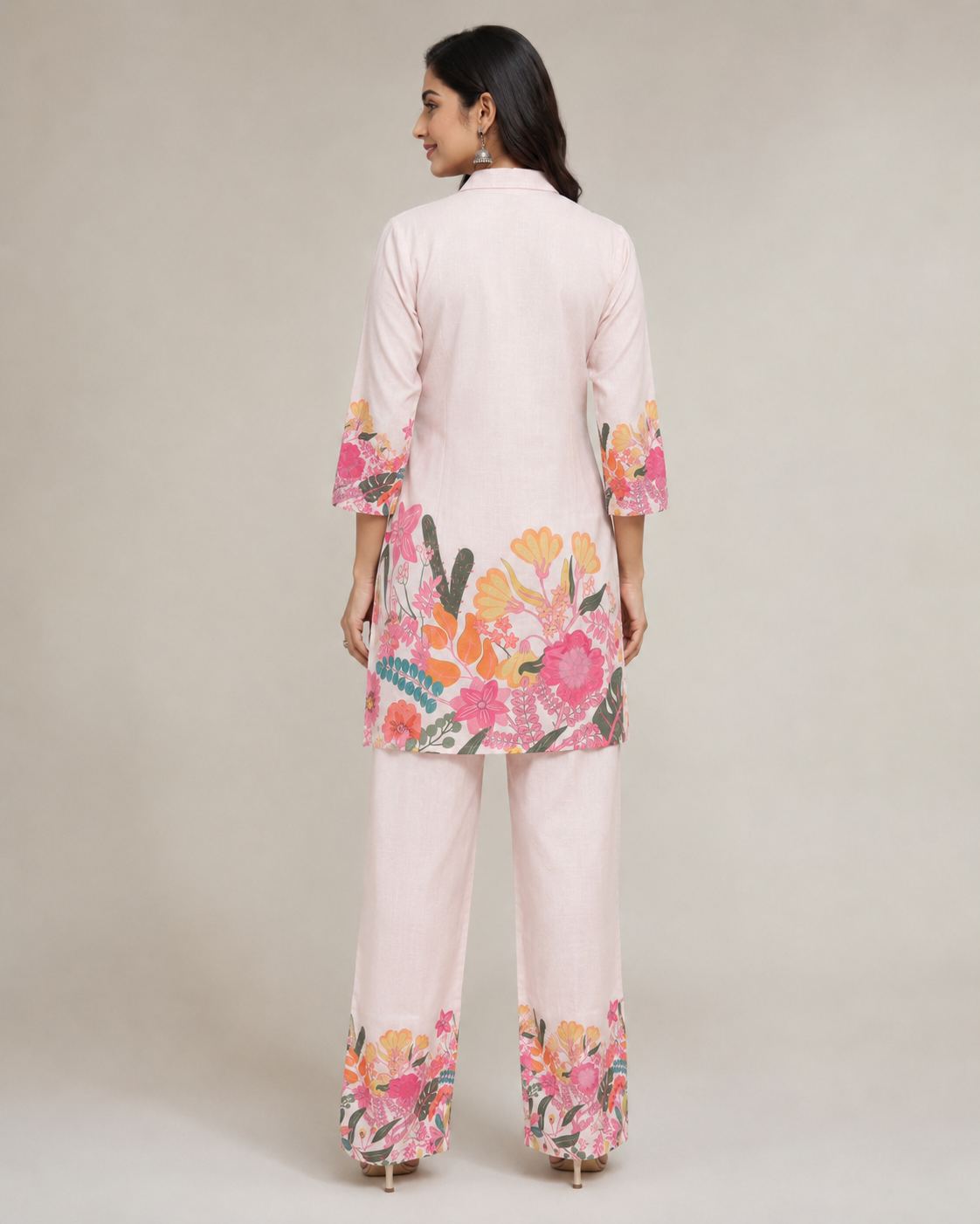 Pastel Pink Floral Print Cotton Kurti Pant Set