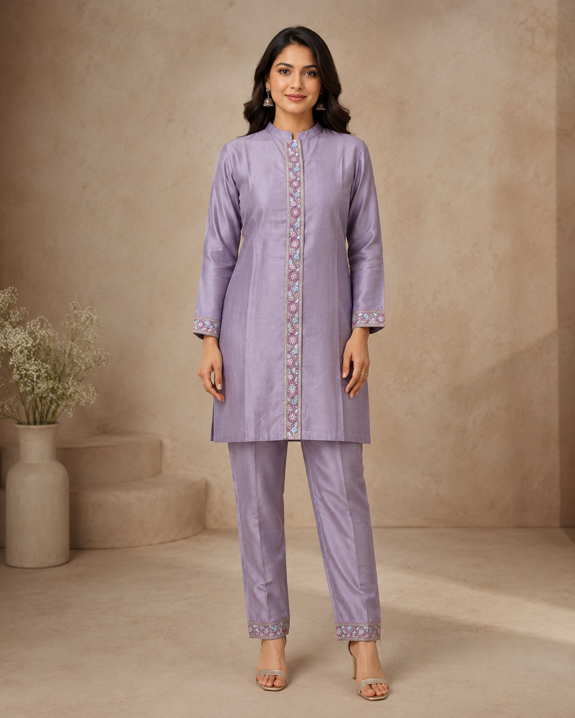 Lavender Embroidered Kurti Pant Set