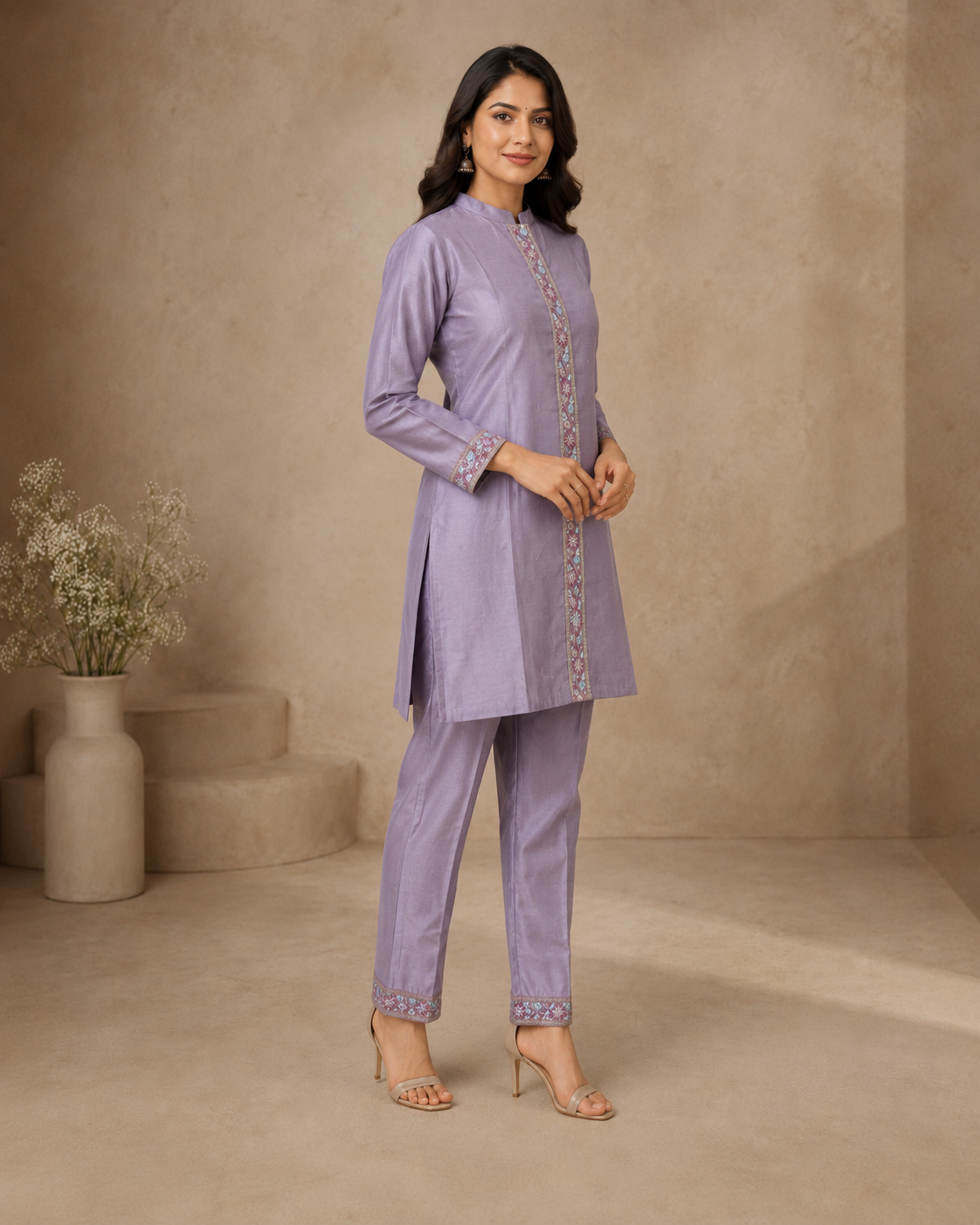 Lavender Embroidered Kurti Pant Set