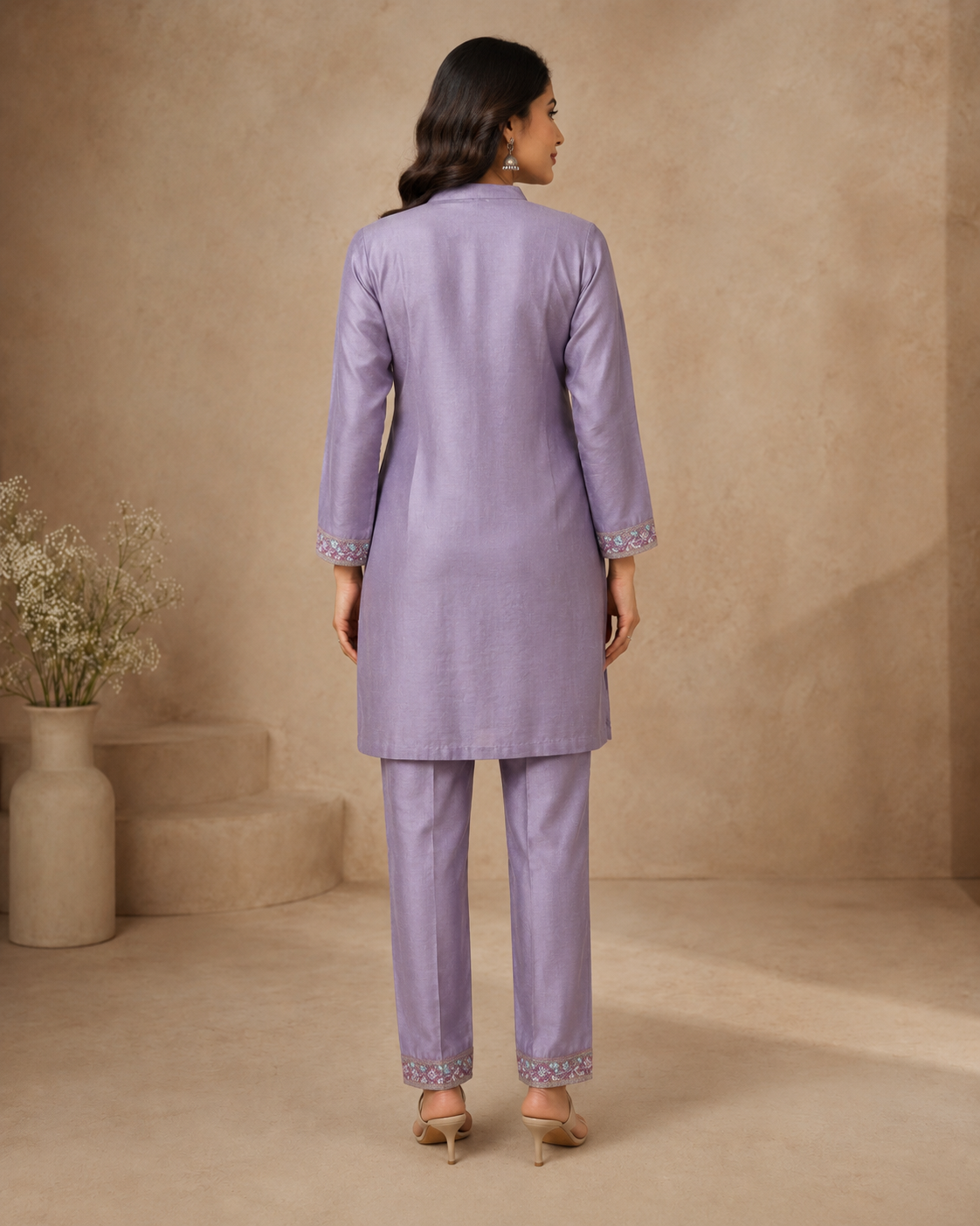 Lavender Embroidered Kurti Pant Set