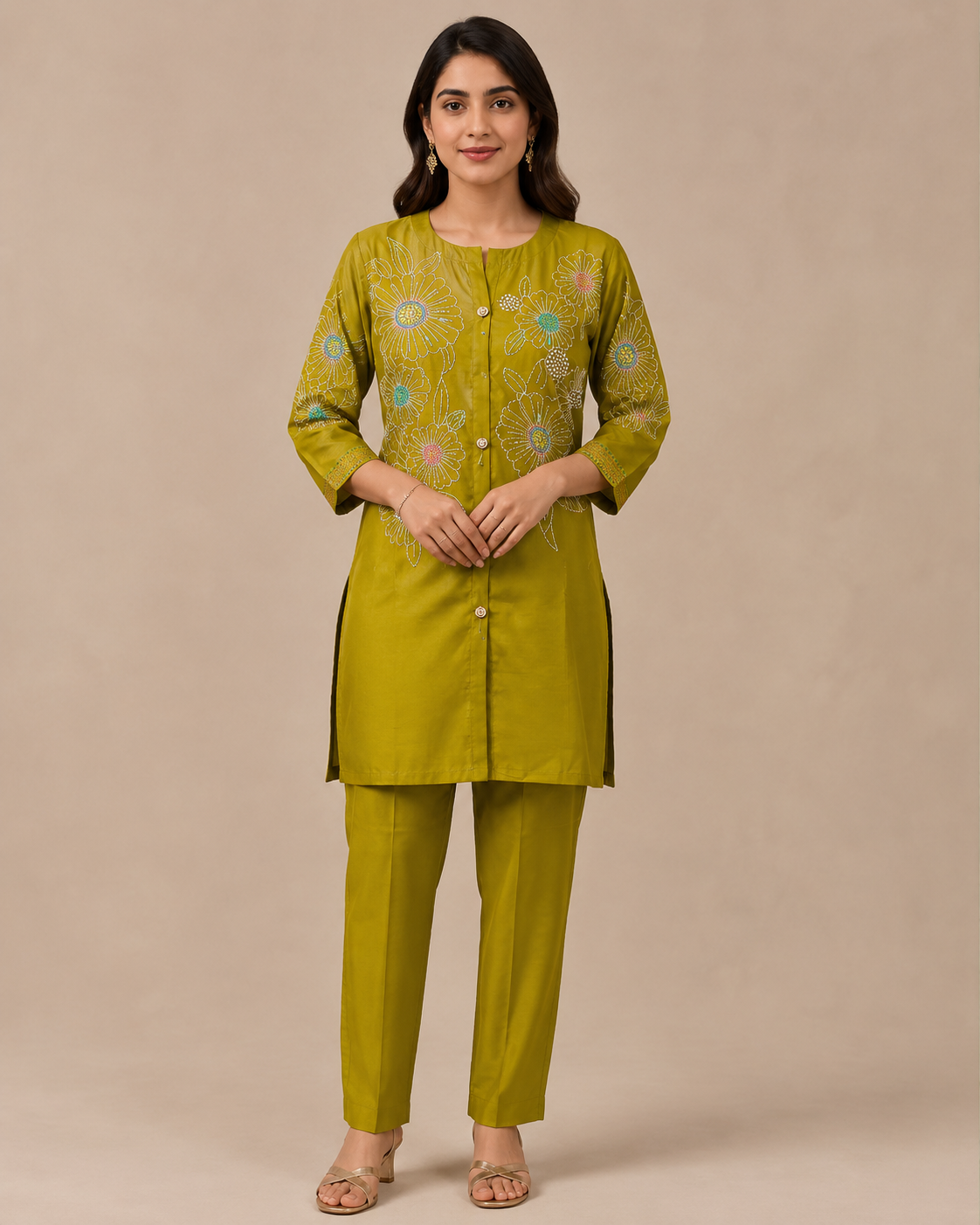 Mustard Olive Floral Embroidered Cotton Kurti Pant Set