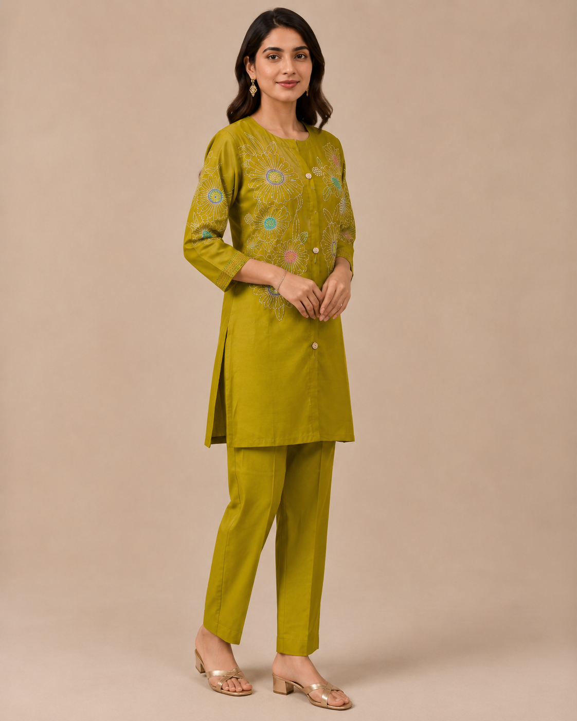 Mustard Olive Floral Embroidered Cotton Kurti Pant Set