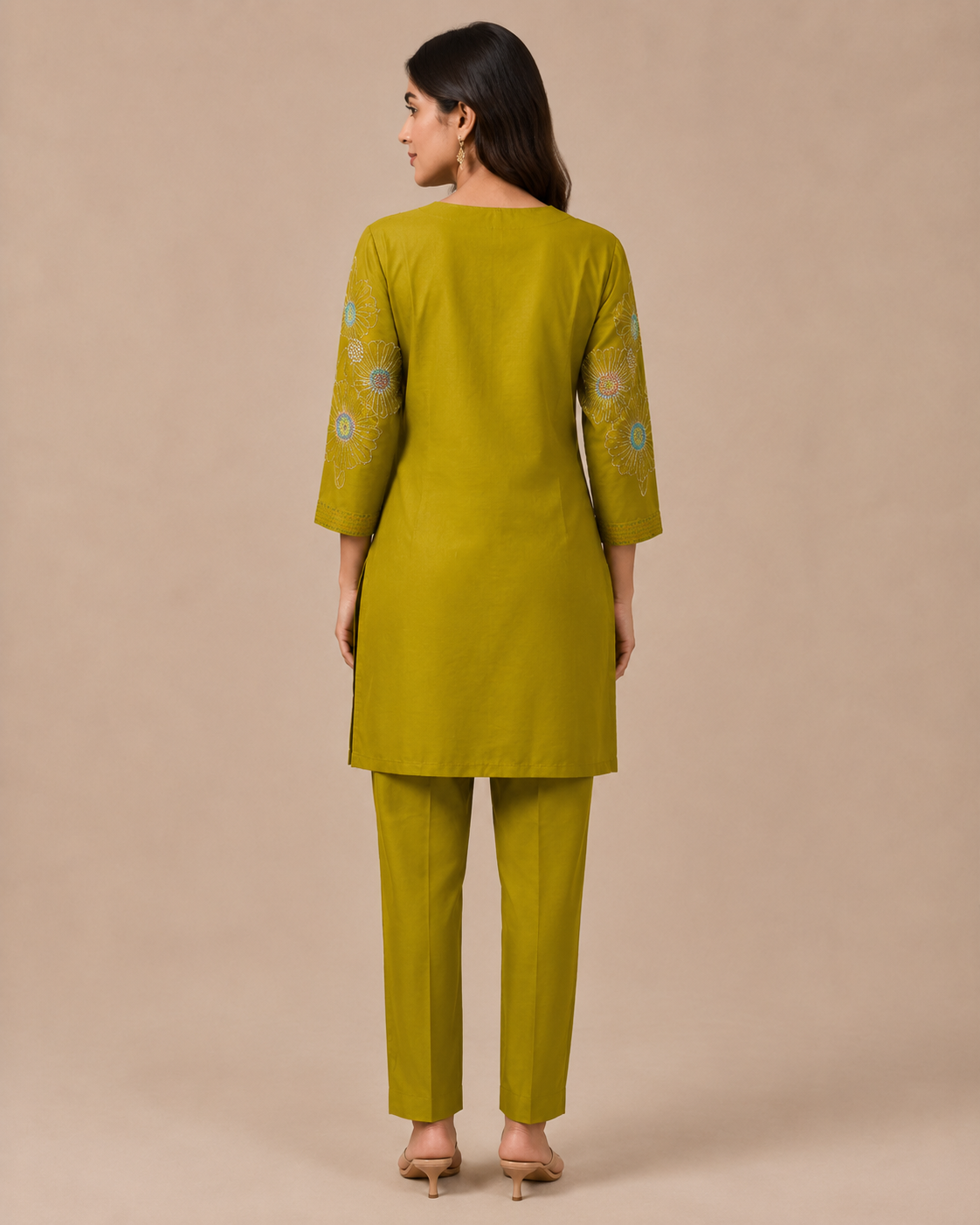 Mustard Olive Floral Embroidered Cotton Kurti Pant Set
