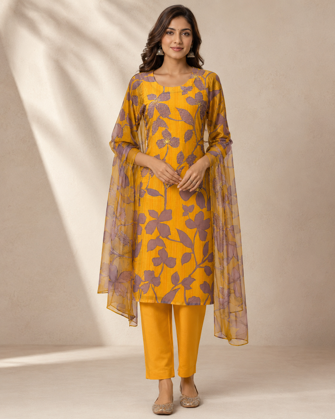 Mustard Yellow Floral Printed Kurti Pant Set with Sequin Work