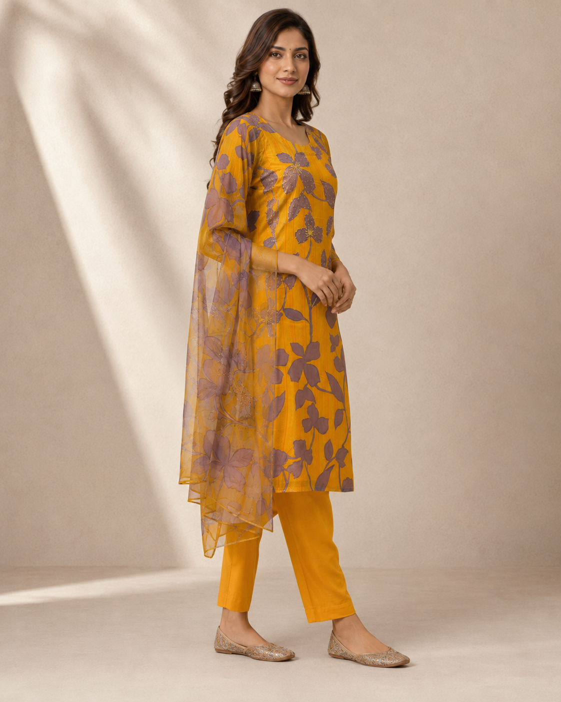 Mustard Yellow Floral Printed Kurti Pant Set with Sequin Work