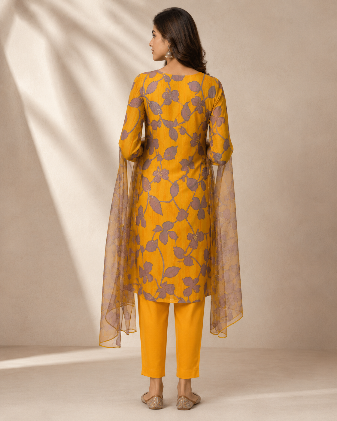 Mustard Yellow Floral Printed Kurti Pant Set with Sequin Work
