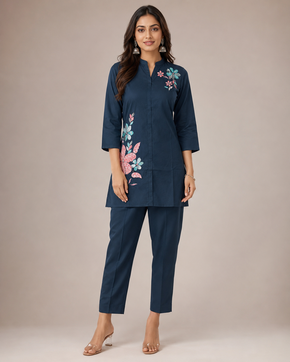 Navy Blue Floral Embroidered Kurti Pant Set