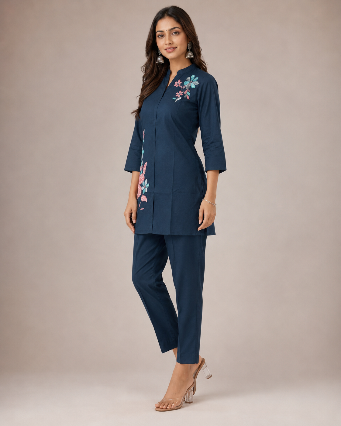 Navy Blue Floral Embroidered Kurti Pant Set