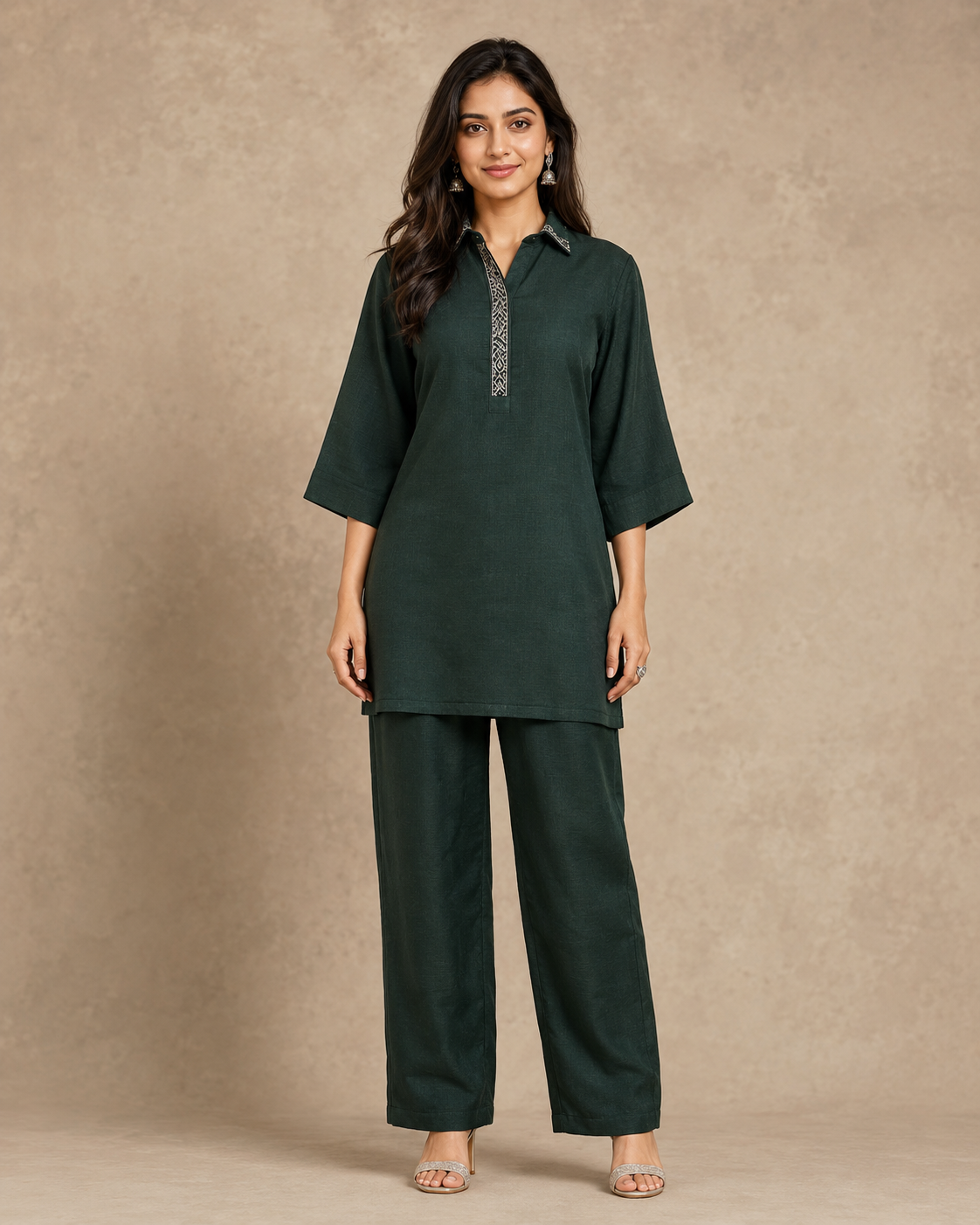 Dark Green Embroidered Collar Kurti Pant Set