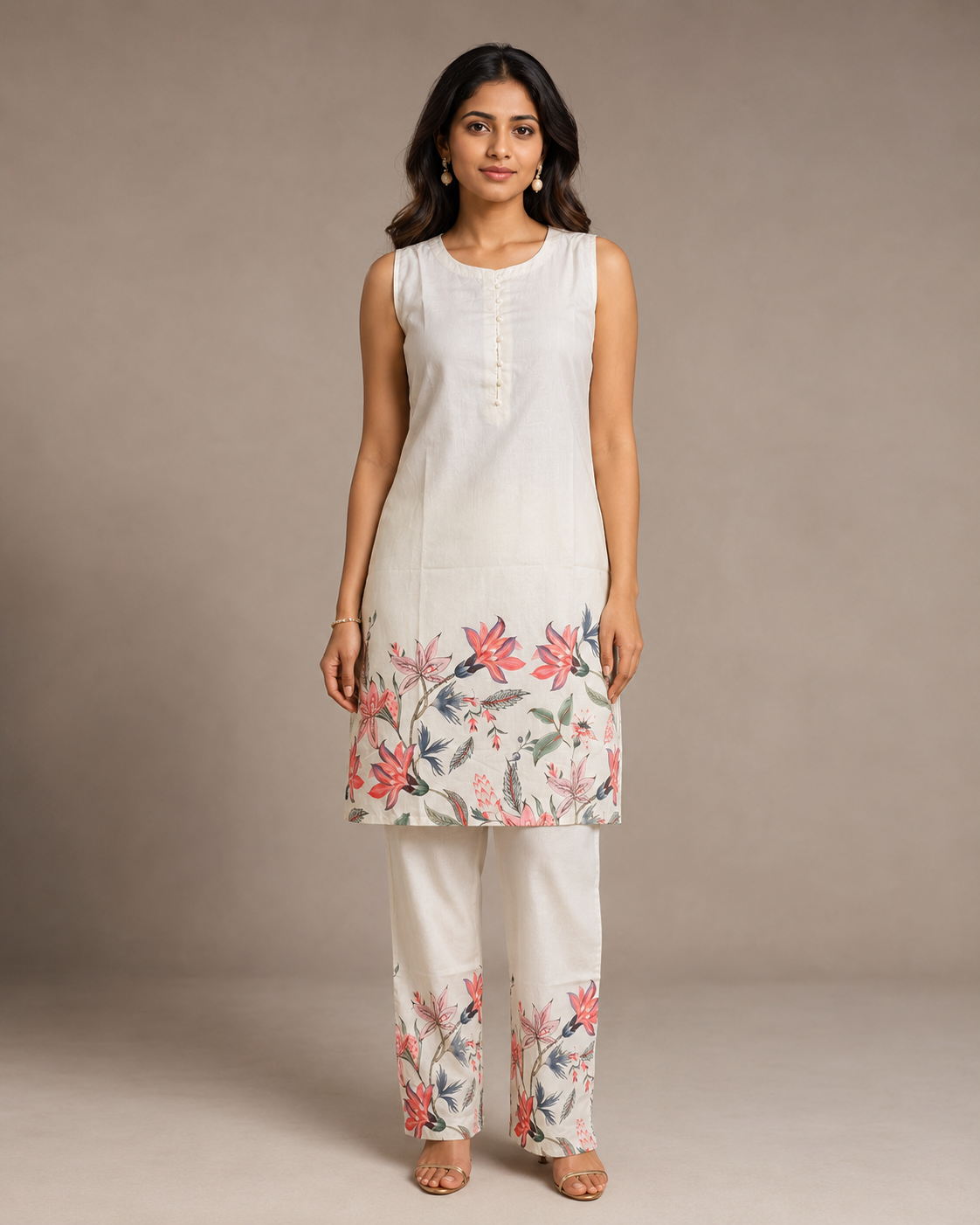 Ivory Floral Printed Sleeveless Kurti Pant Set