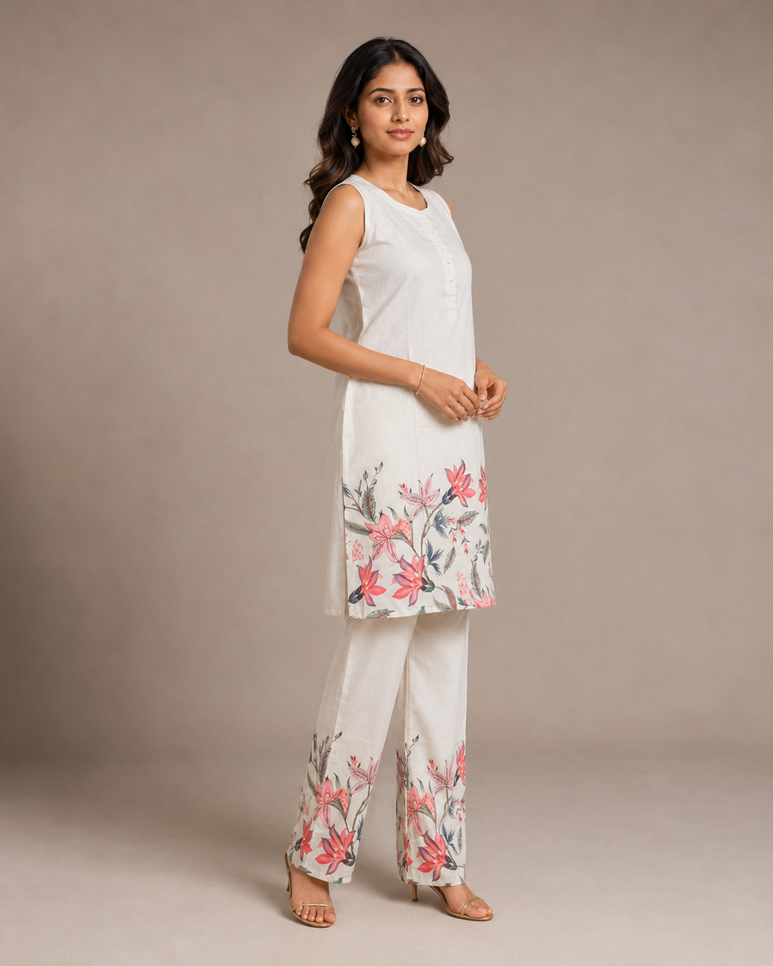 Ivory Floral Printed Sleeveless Kurti Pant Set