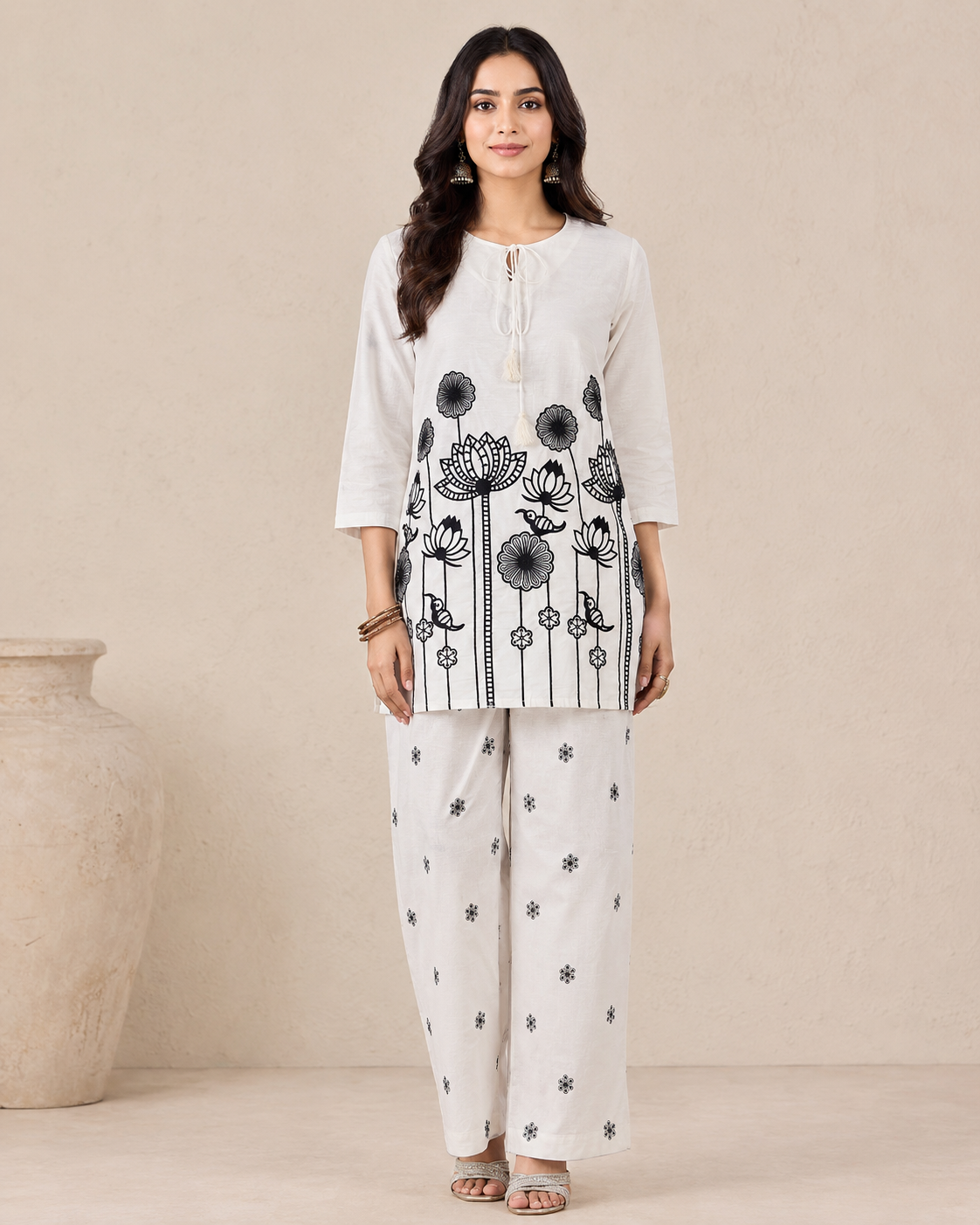 White Cotton Kurti Pant Set with Black Lotus Floral Print