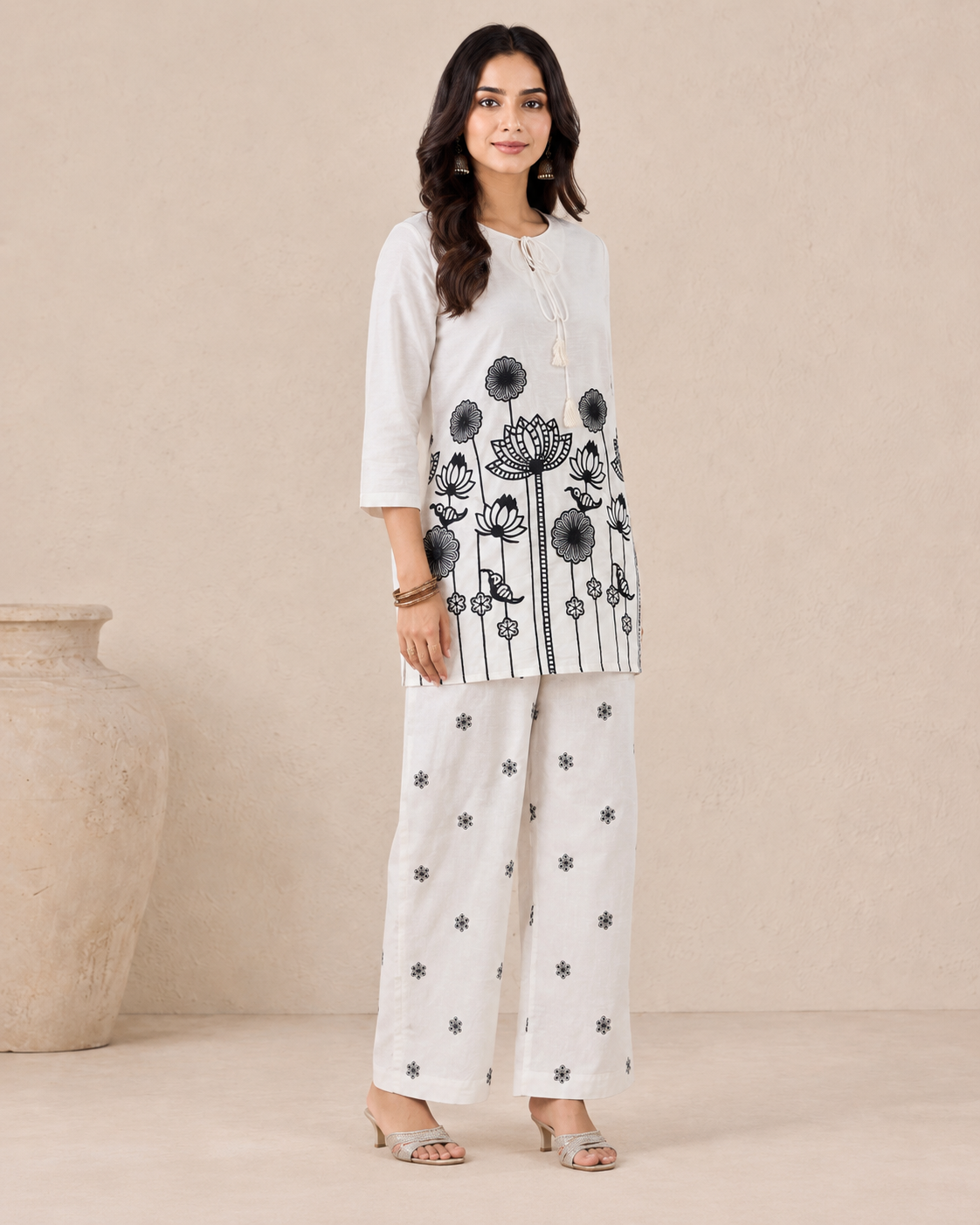 White Cotton Kurti Pant Set with Black Lotus Floral Print
