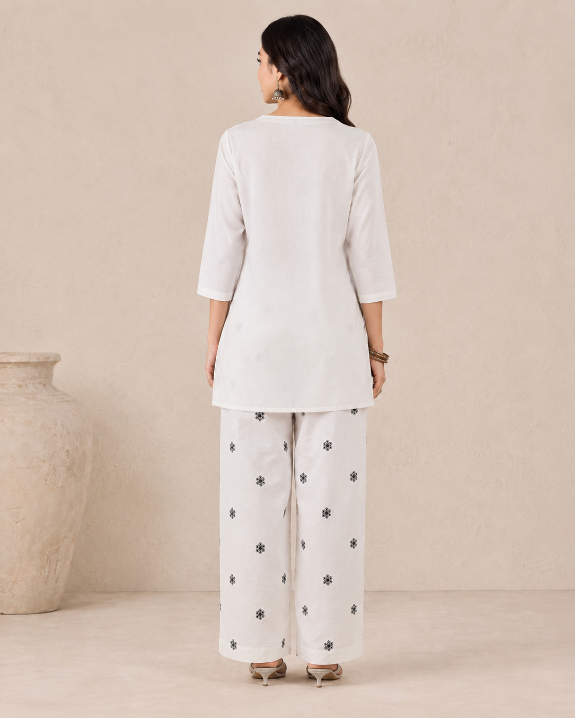 White Cotton Kurti Pant Set with Black Lotus Floral Print