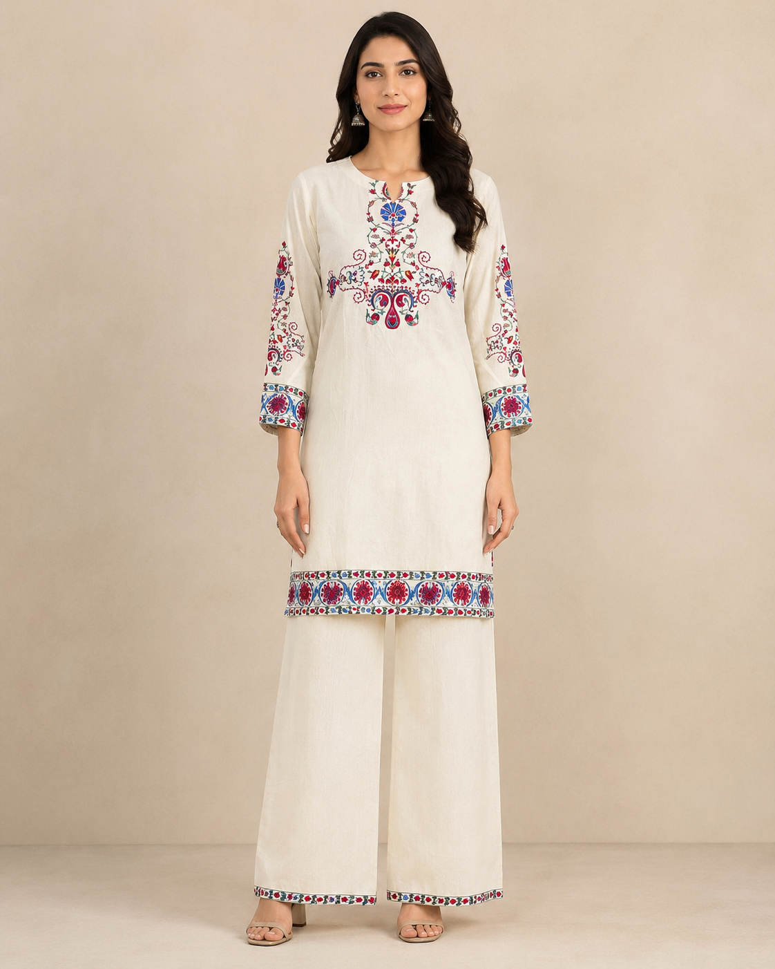 Ivory Embroidered Cotton Kurti Pant Set