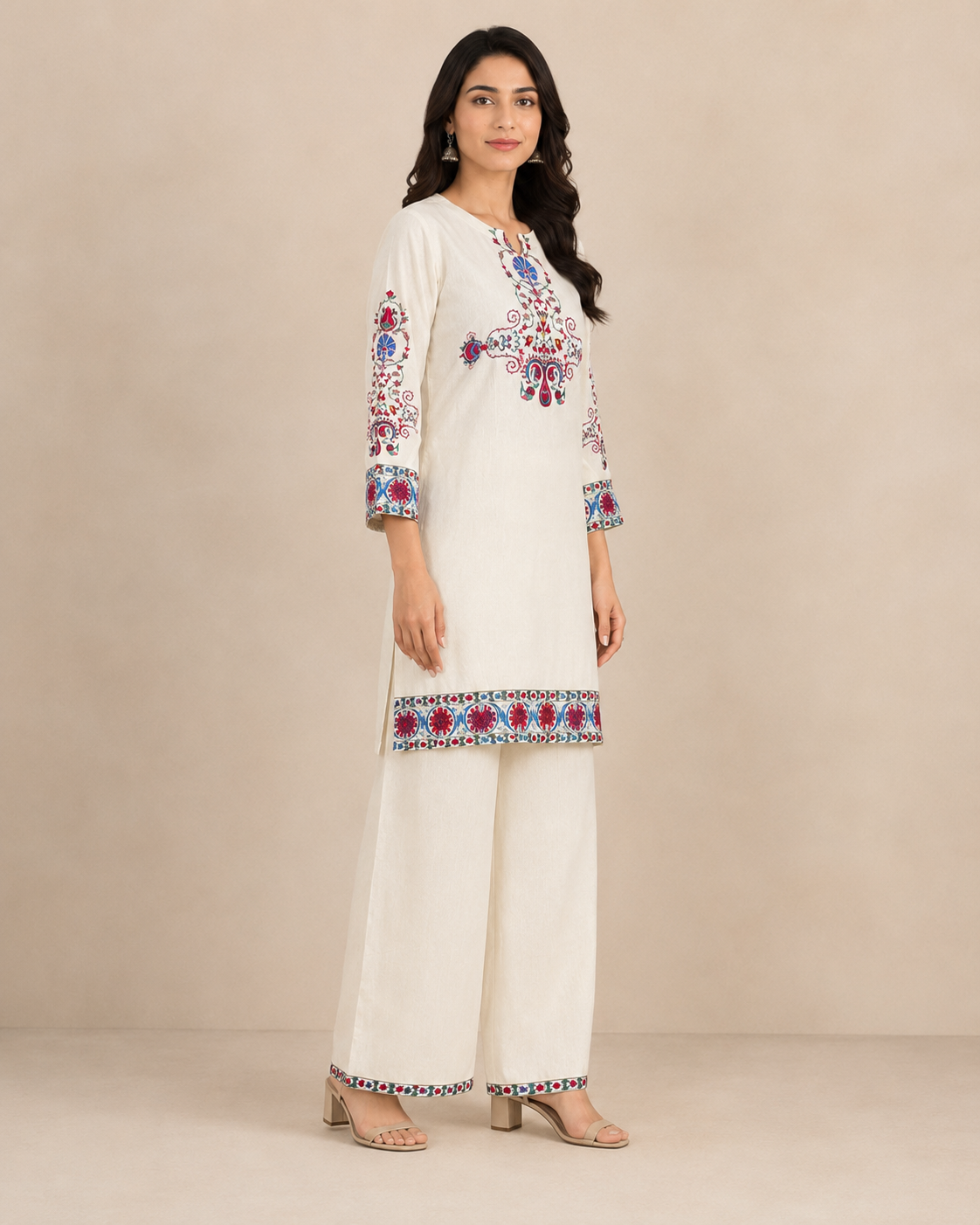 Ivory Embroidered Cotton Kurti Pant Set