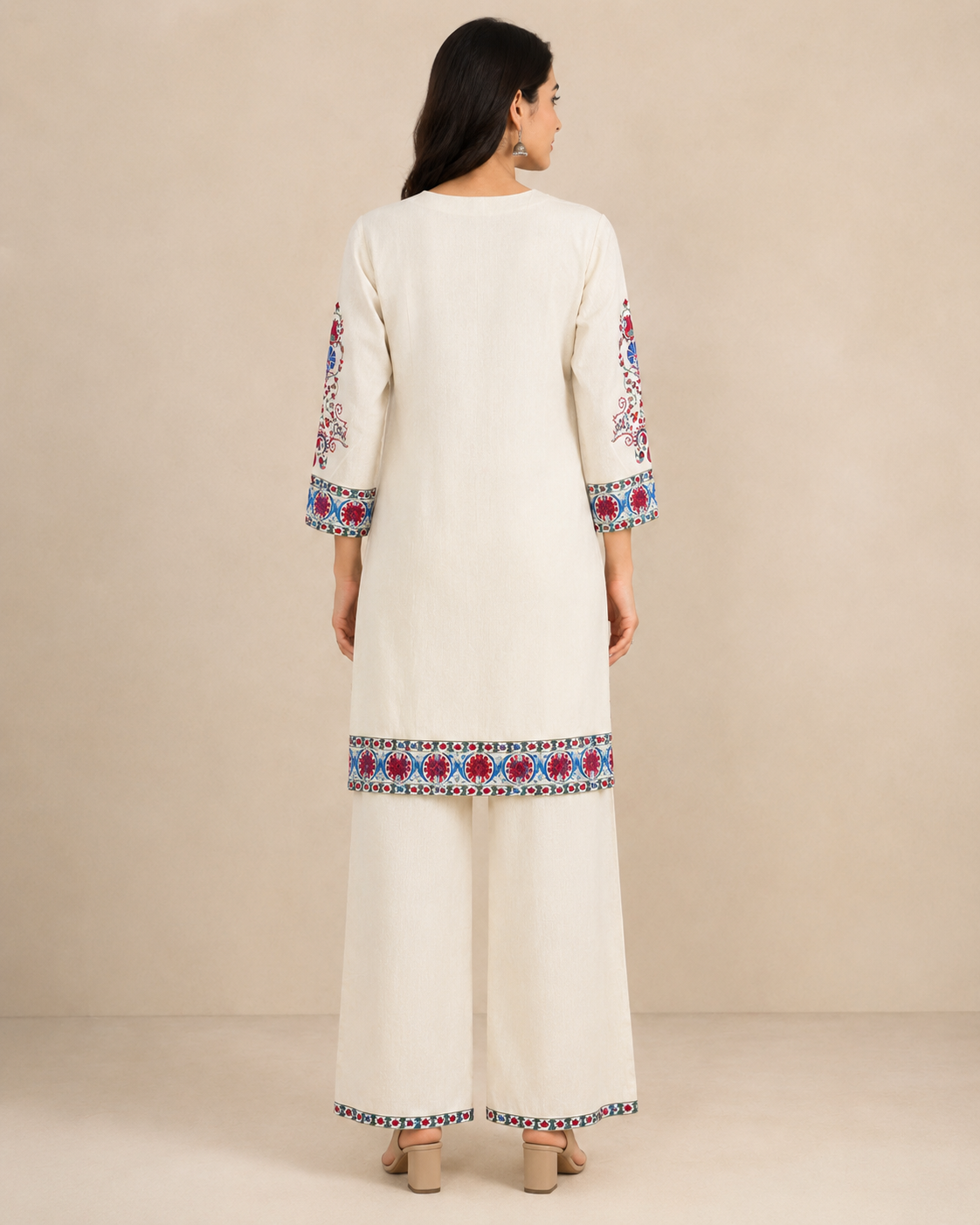 Ivory Embroidered Cotton Kurti Pant Set