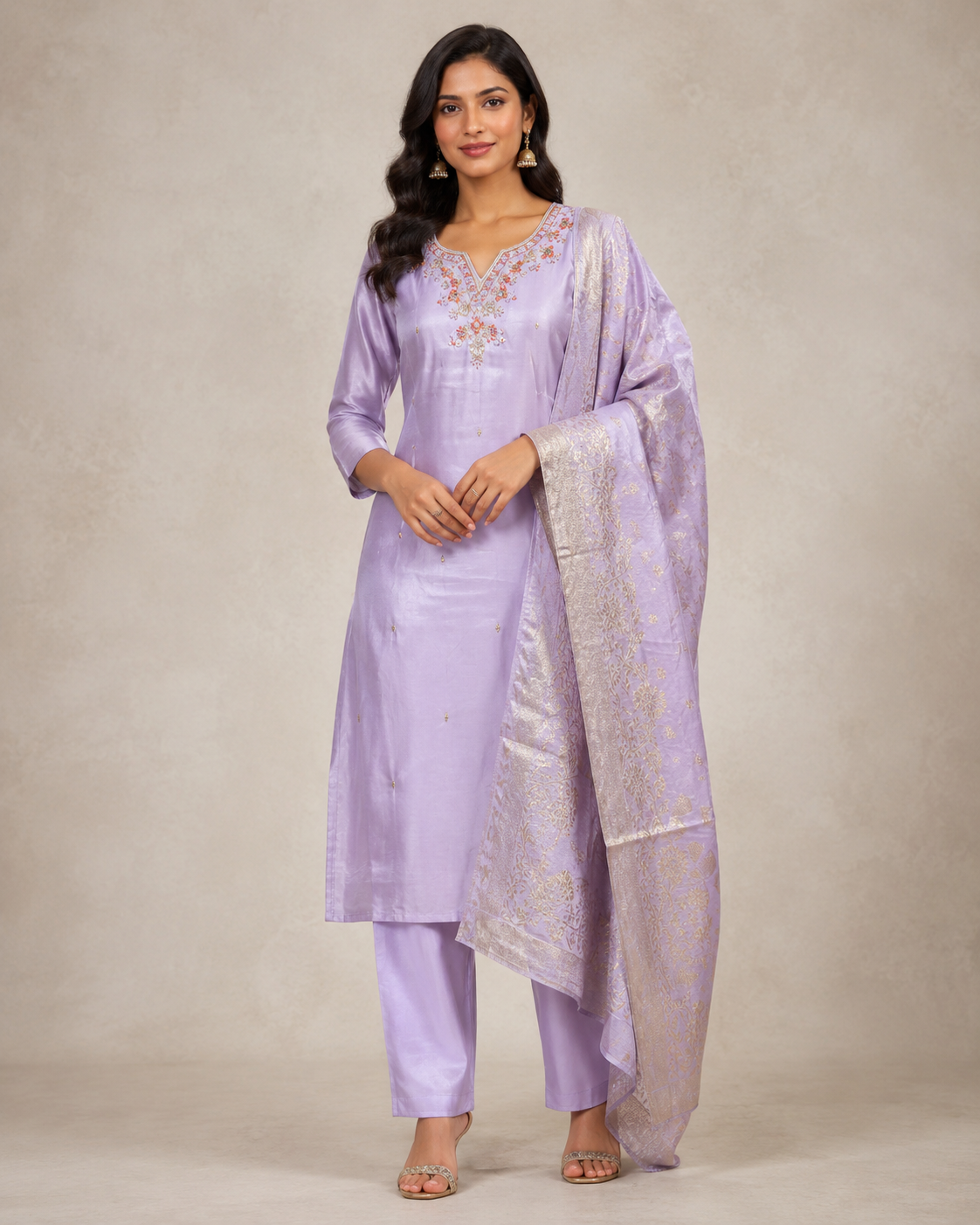 Lavender Embroidered Kurti Pant Set with Jacquard Dupatta