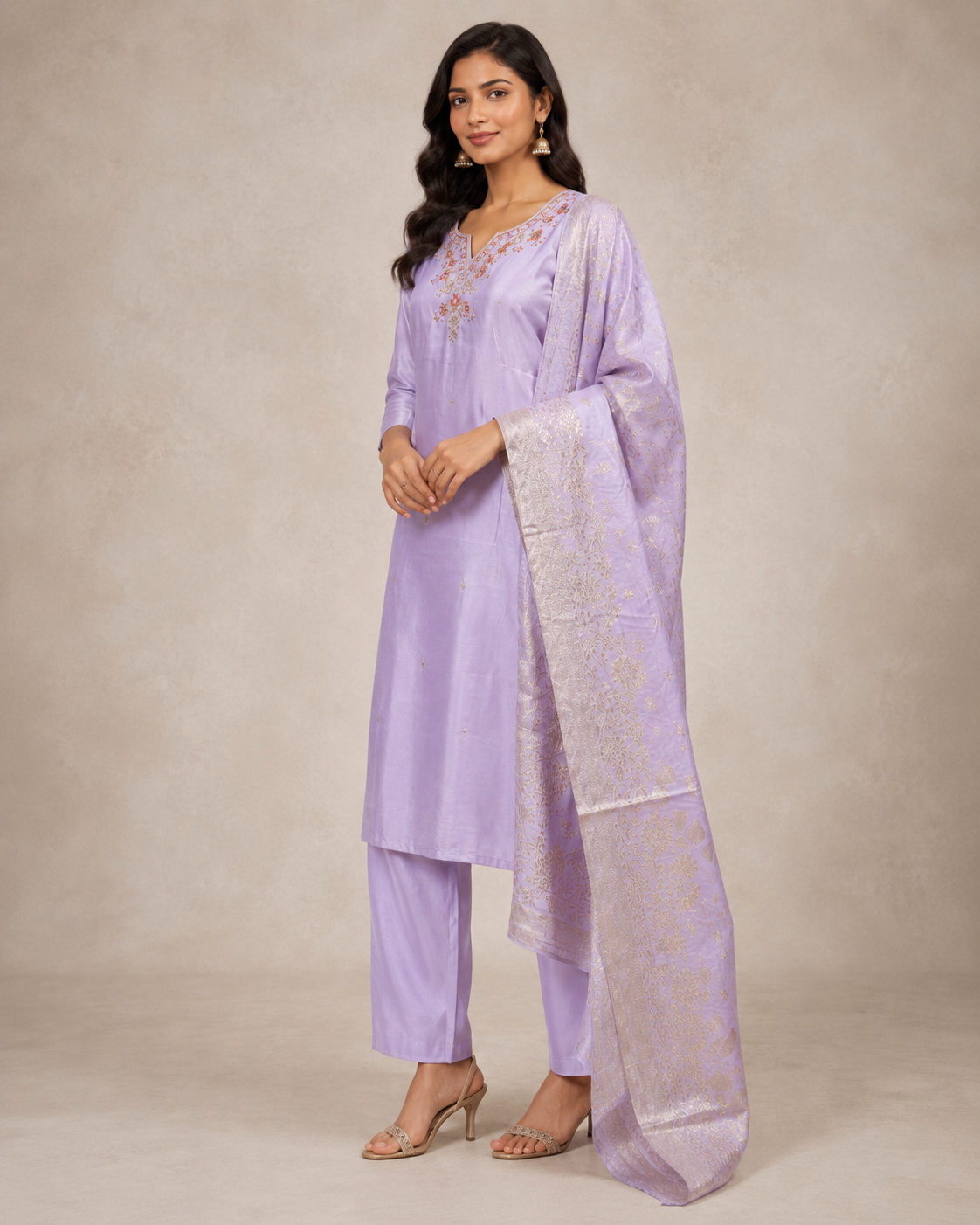 Lavender Embroidered Kurti Pant Set with Jacquard Dupatta