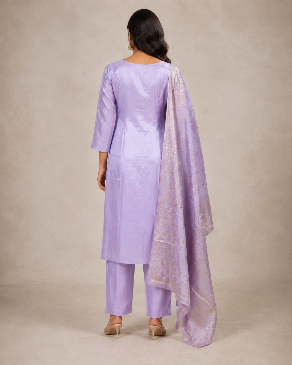Lavender Embroidered Kurti Pant Set with Jacquard Dupatta
