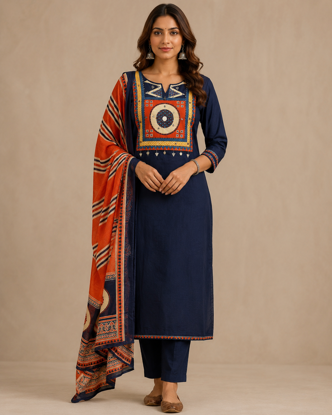 Navy Blue Embroidered Kurti Pant Set with Printed Dupatta