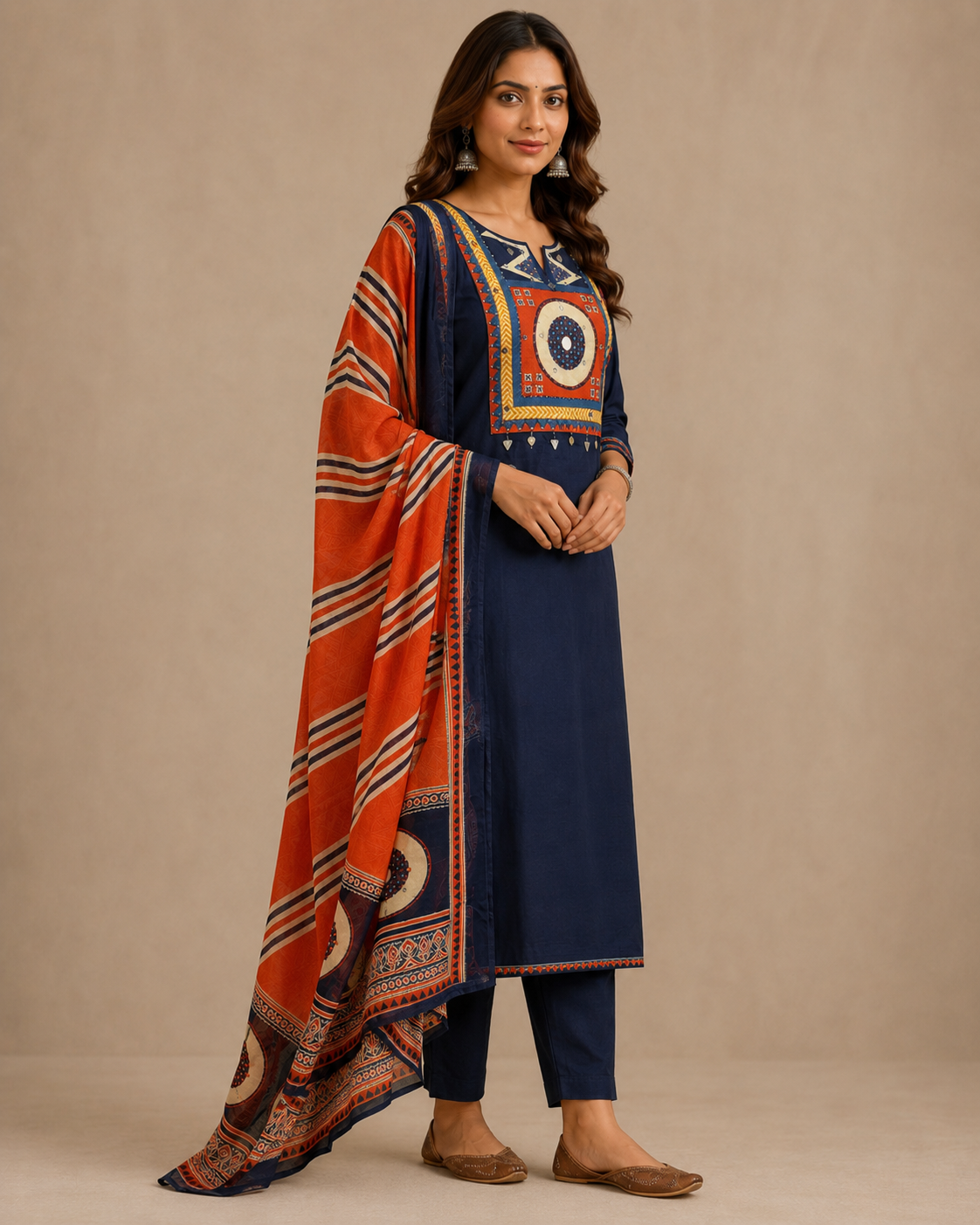 Navy Blue Embroidered Kurti Pant Set with Printed Dupatta