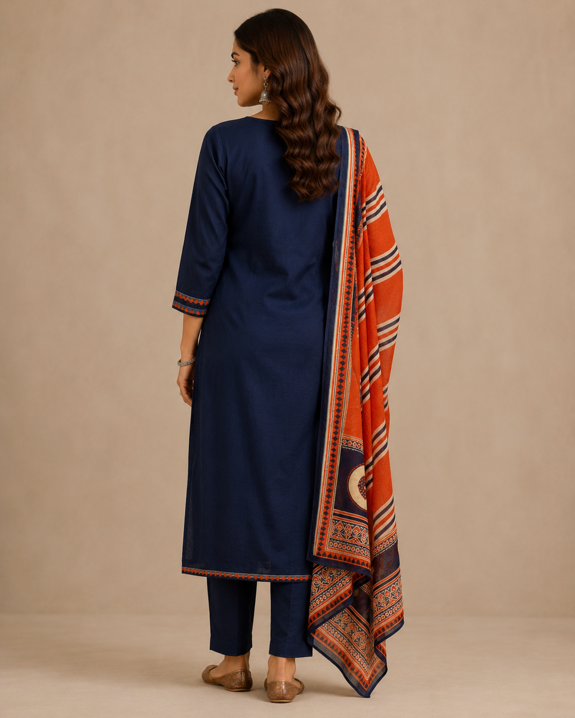 Navy Blue Embroidered Kurti Pant Set with Printed Dupatta