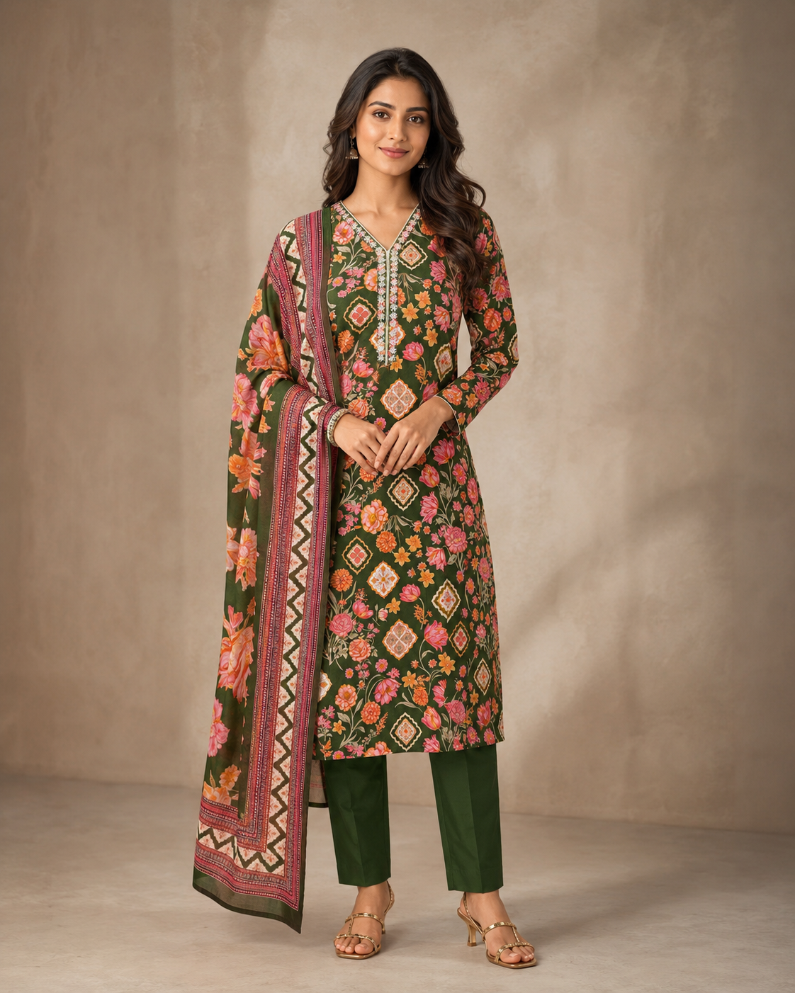 Olive Green Floral Printed Kurti Set with Dupatta & Straight Pants – Size 5XL