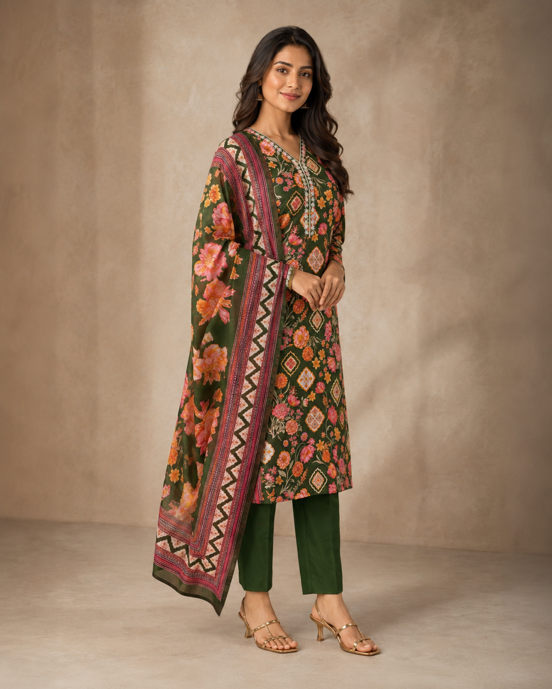 Olive Green Floral Printed Kurti Set with Dupatta & Straight Pants – Size 5XL