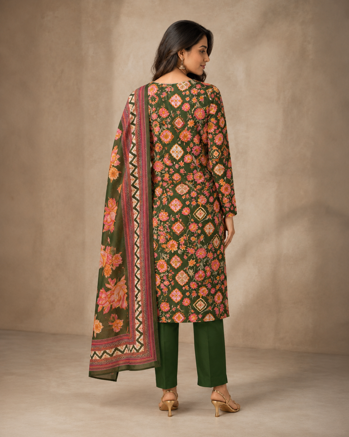 Olive Green Floral Printed Kurti Set with Dupatta & Straight Pants – Size 5XL