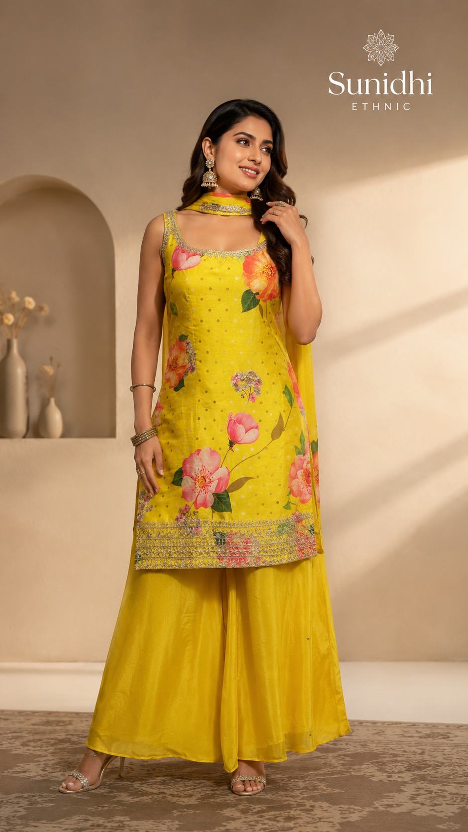 Sunidhi Ethnic Yellow Floral Printed Kurta Plazo Set with Choker Dupatta