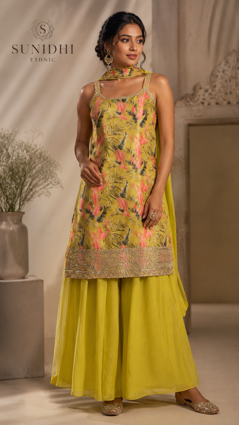 Sunidhi Ethnic Tropical Floral Sleeveless Indo-Western Kurti Palazzo Set with Choker Dupatta & Extra Sleeve Fabric