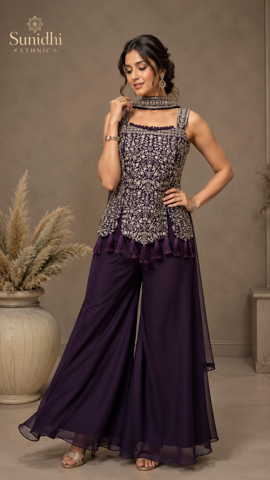 Royal Plum Embroidered Indo-Western Palazzo Set with Choker Dupatta
